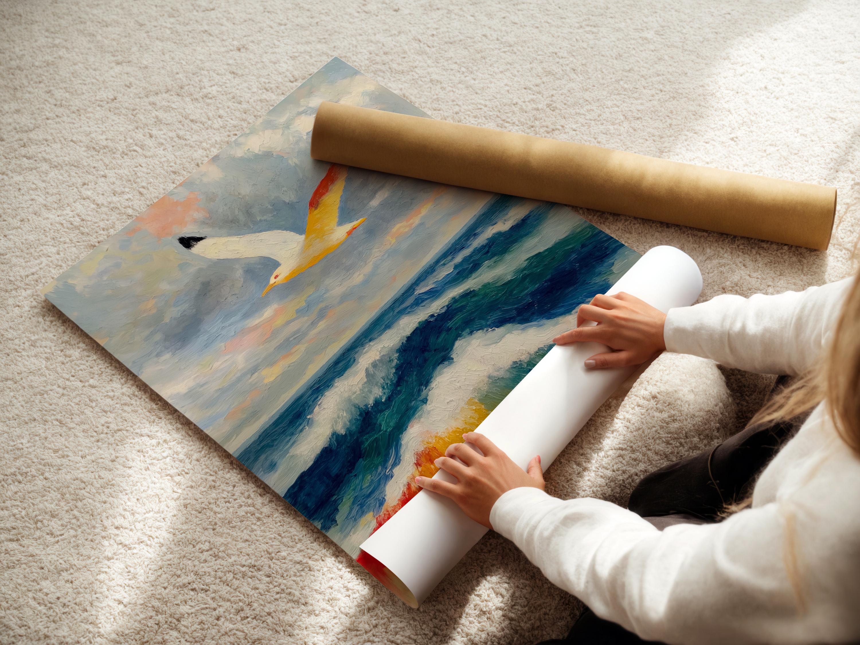 Painterly seagull flying above blue ocean waves with white foam and cloudy sky detail view