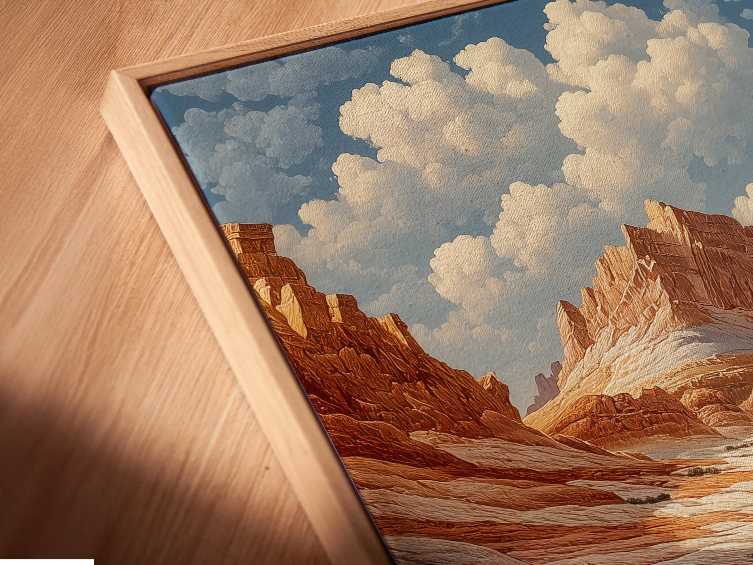 Terracotta desert canyon landscape with reflective water and cream clouds in a light blue sky detail view