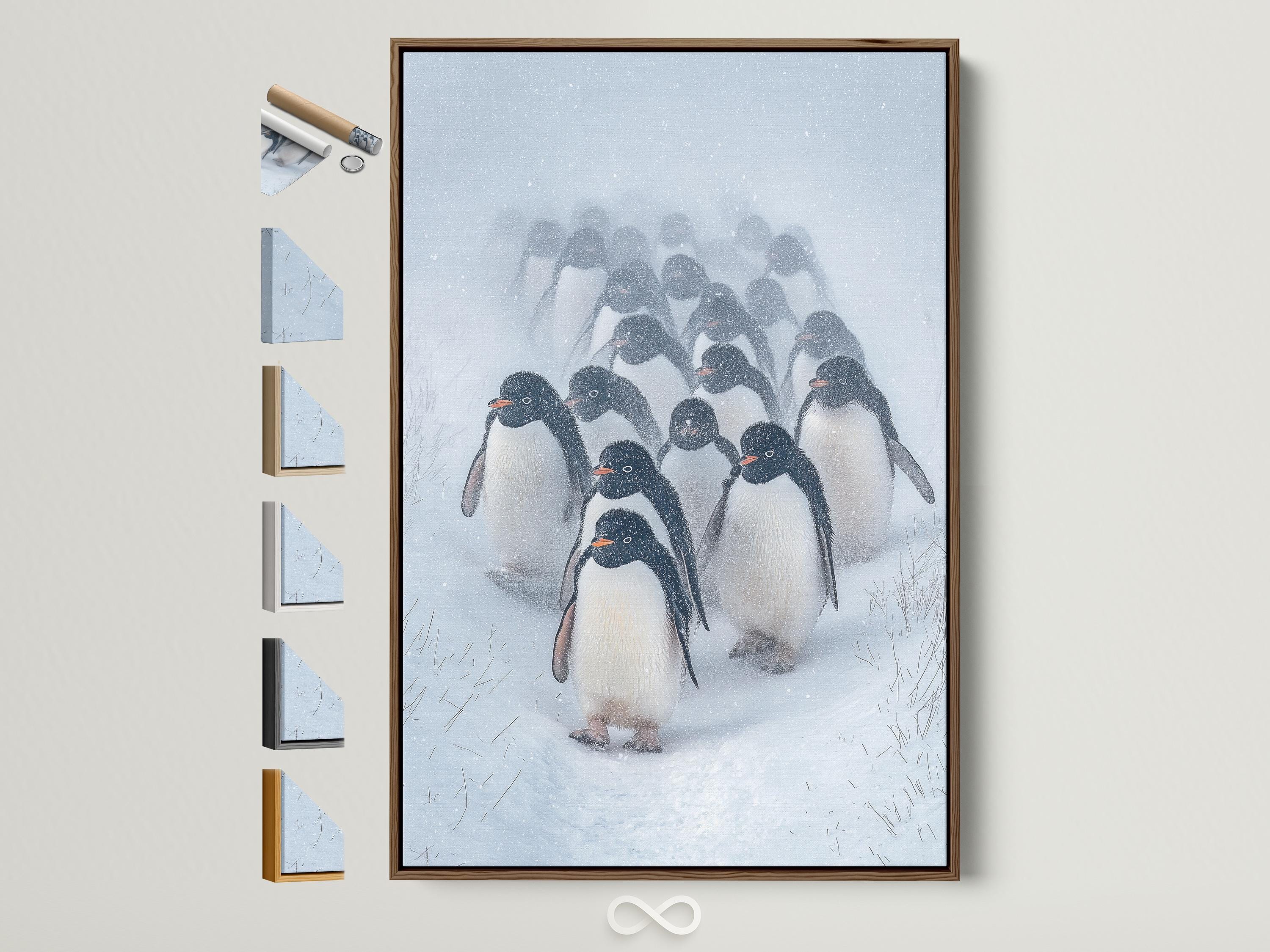 Snowy winter scene with a group of penguins standing together in falling snow