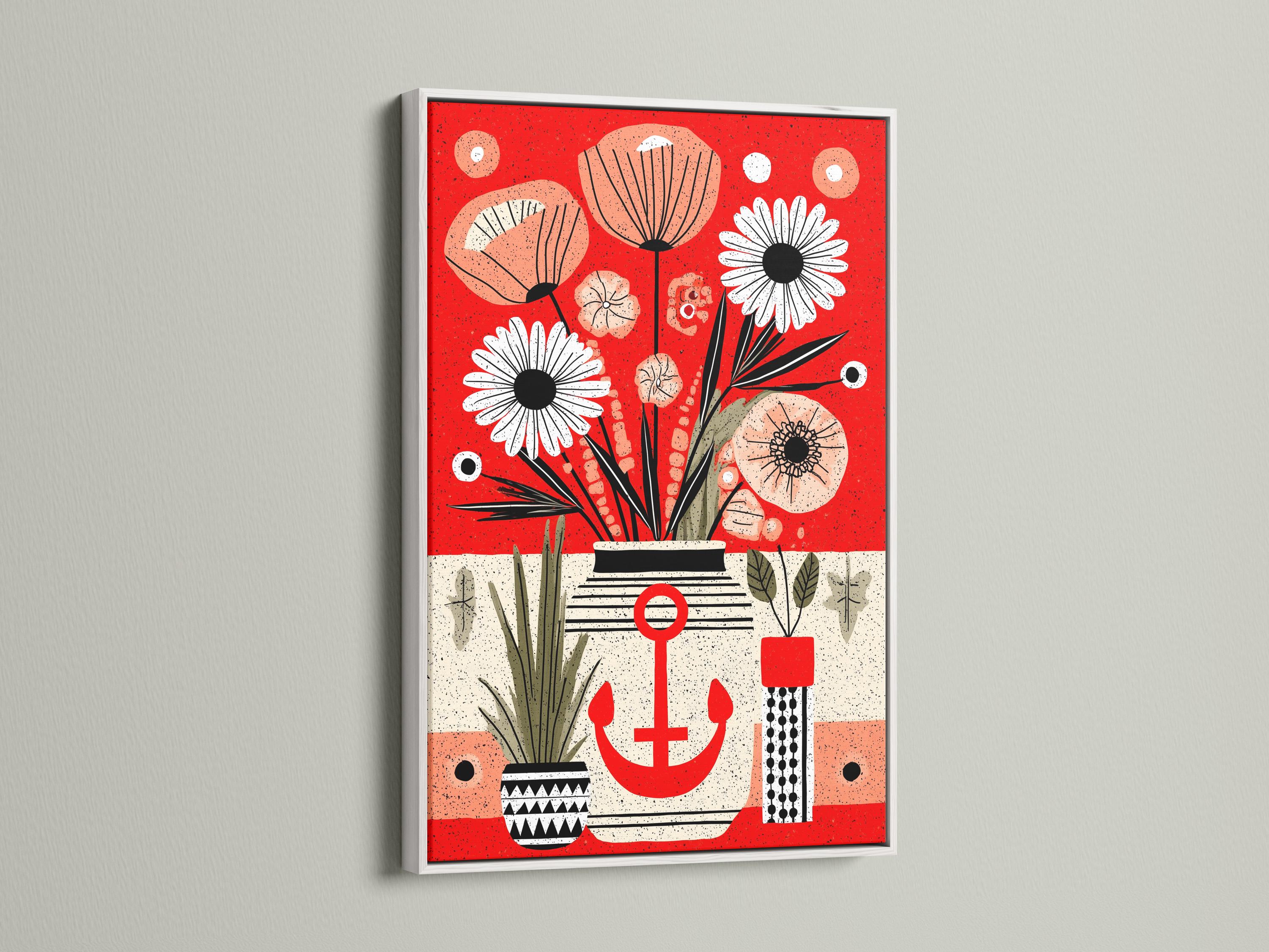 Woman looking at red anchor floral artwork in a modern room