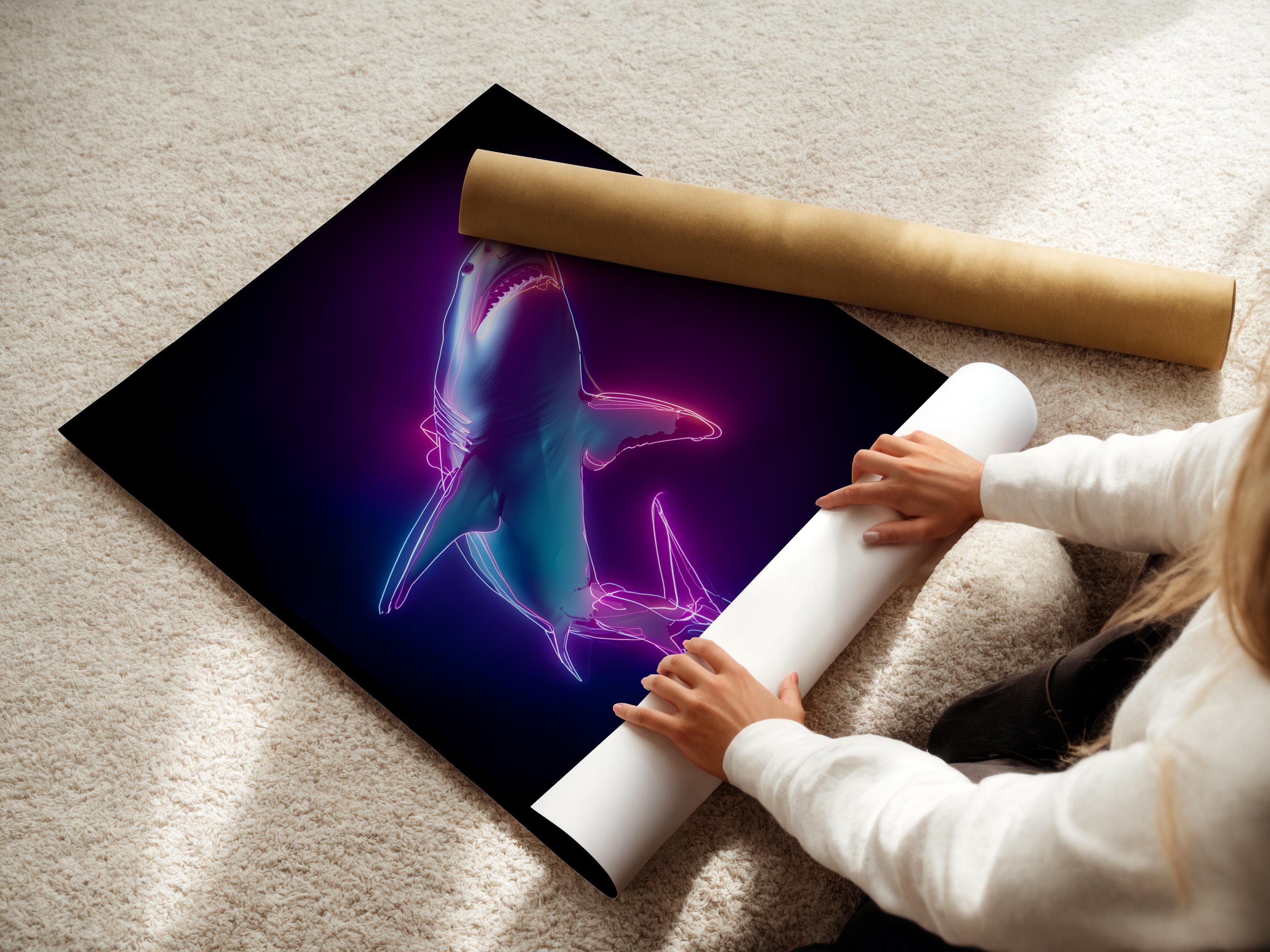 Neon line-drawn shark with magenta and cyan glow on a dark purple background detail view