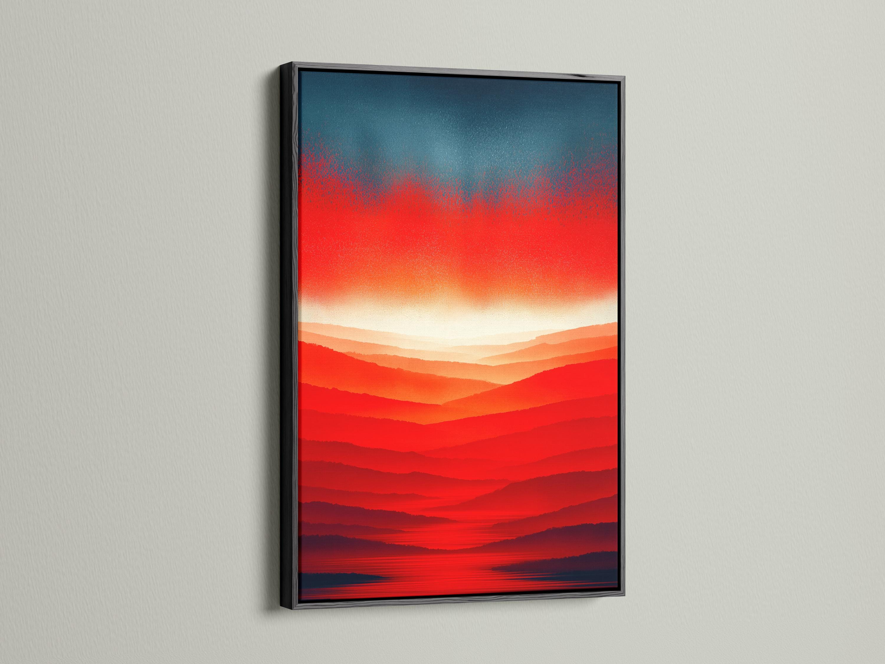 Room mockup showing a red orange sunset mountain landscape artwork on a wall