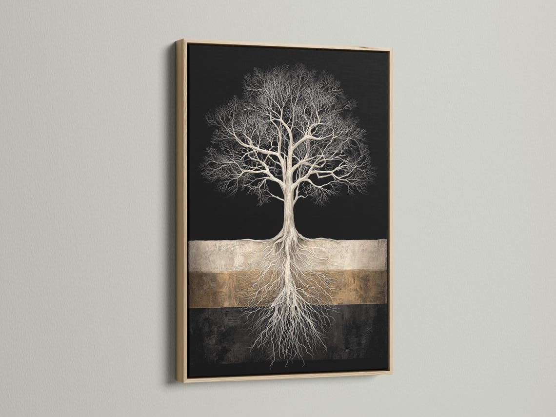 Framed tree roots artwork mockup on a light background