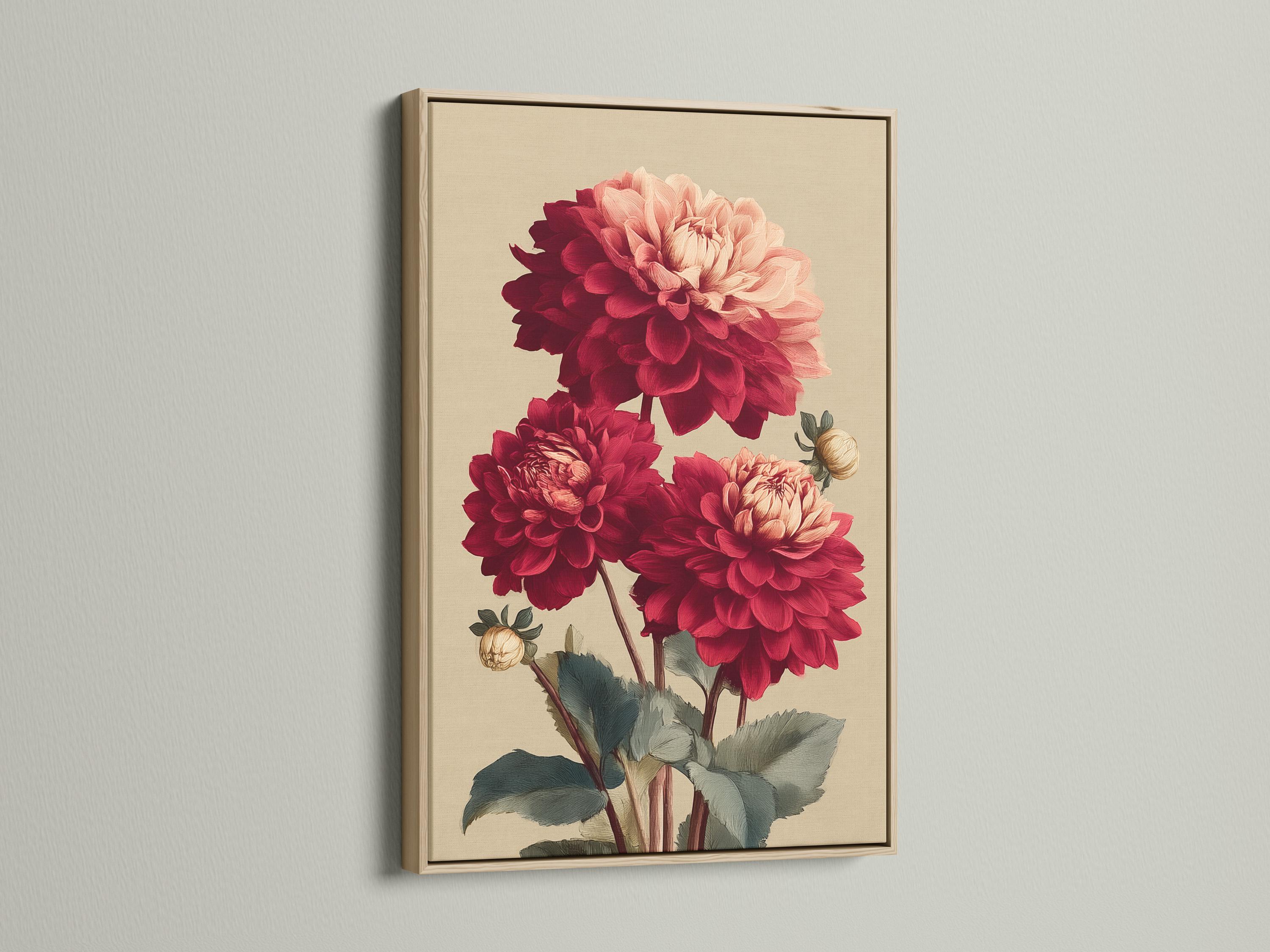 Room mockup featuring framed artwork with burgundy and pale pink dahlias and dark green leaves on a cream background