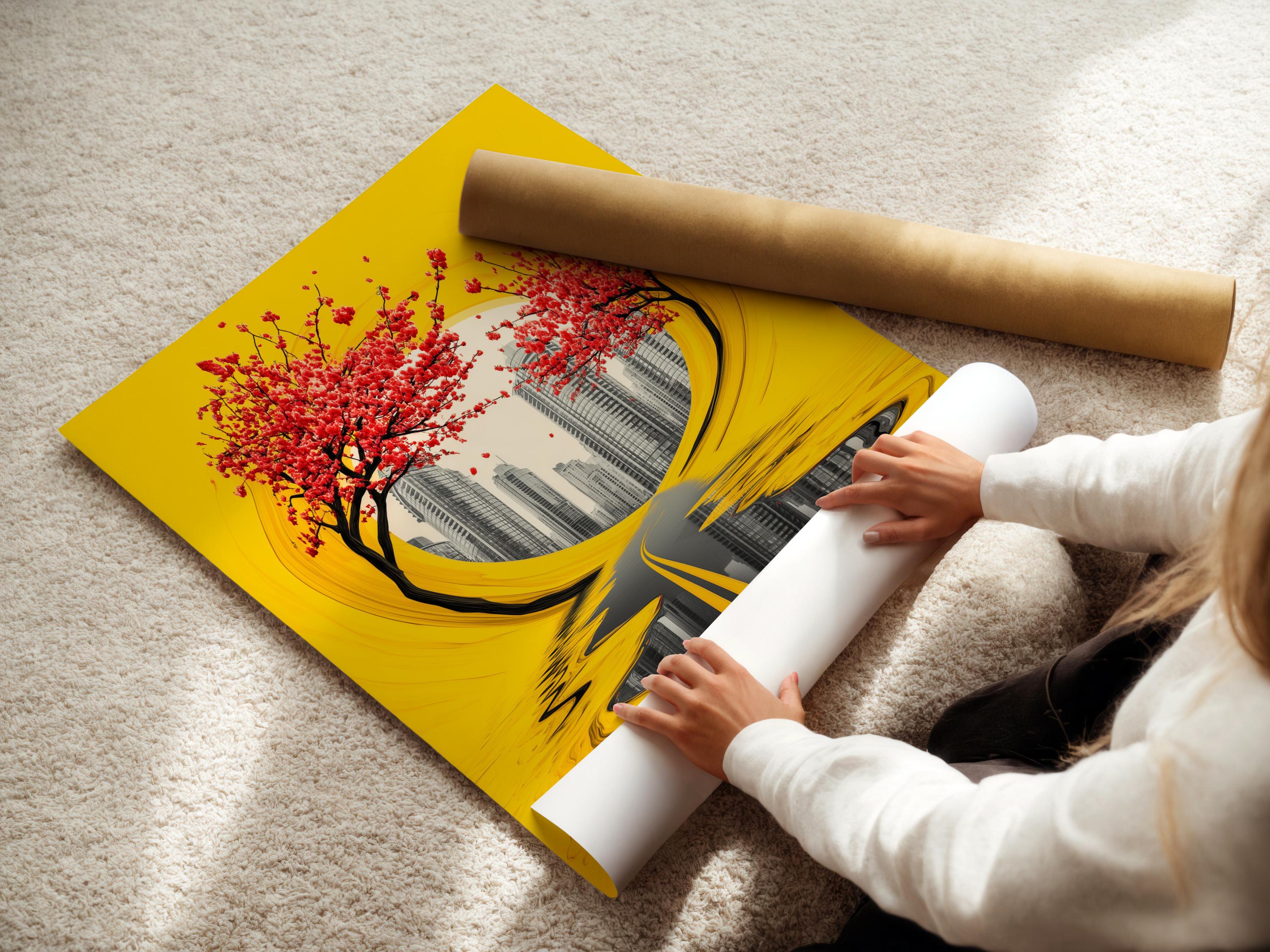 Yellow abstract cityscape with red blossom branches and a reflective road in the centre detail view