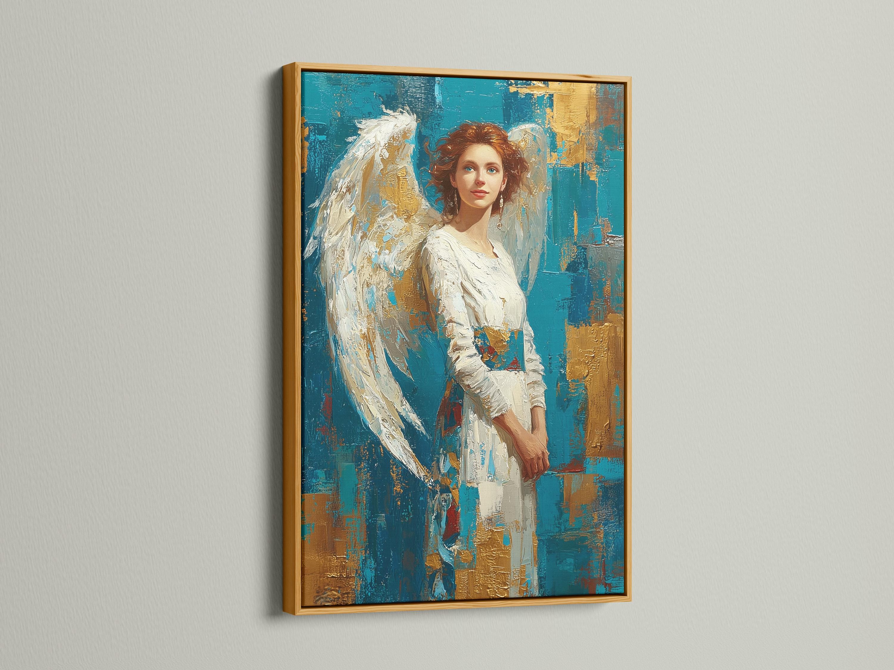 A teal and gold portrait of a woman with white angel wings, rendered in a painterly style with textured, gold-flecked background blocks detail view