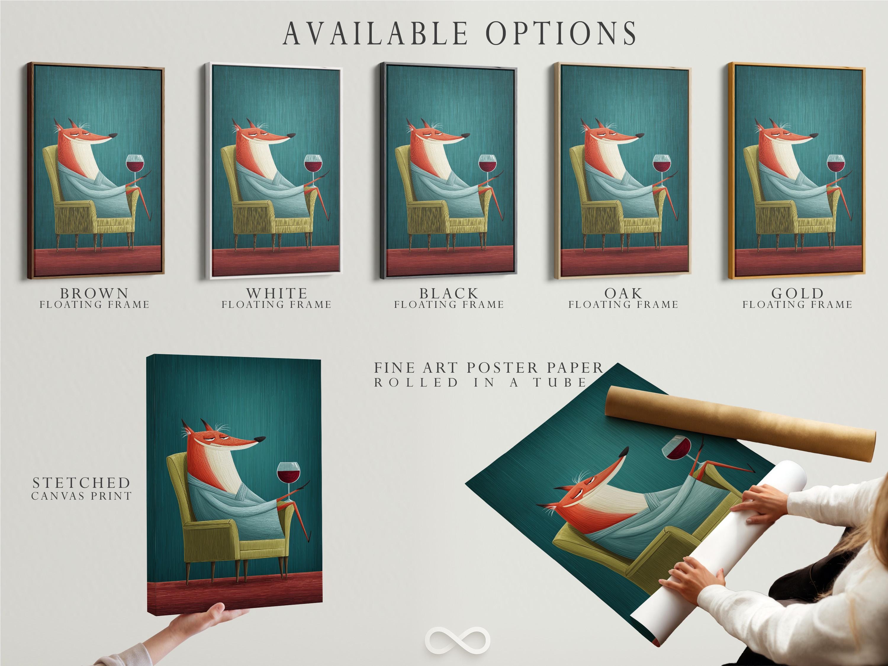 Fox wall art mockup showing a fox with a wine glass on a teal background