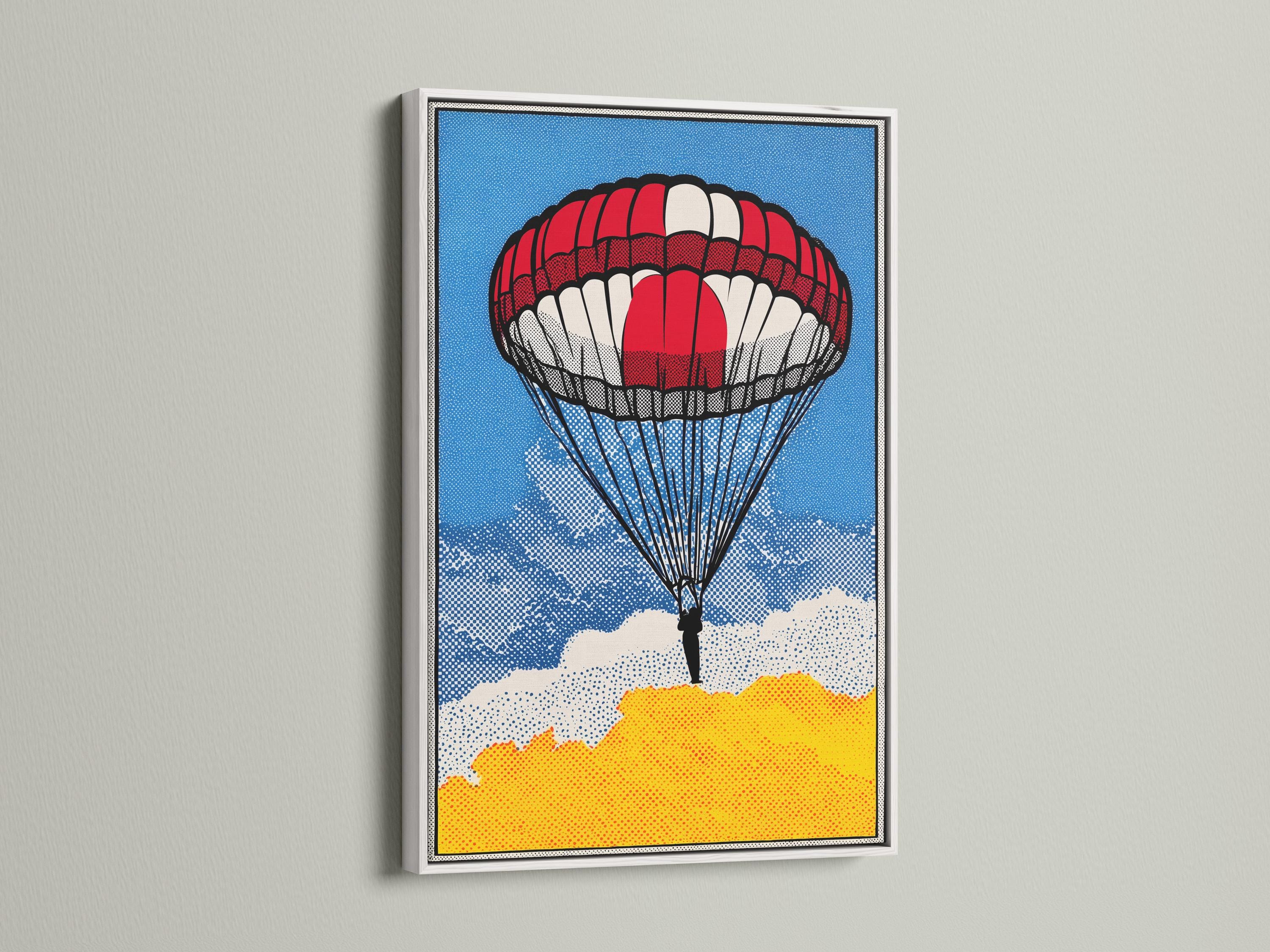 Red and white parachute pop art scene with blue dotted sky and clouds detail view