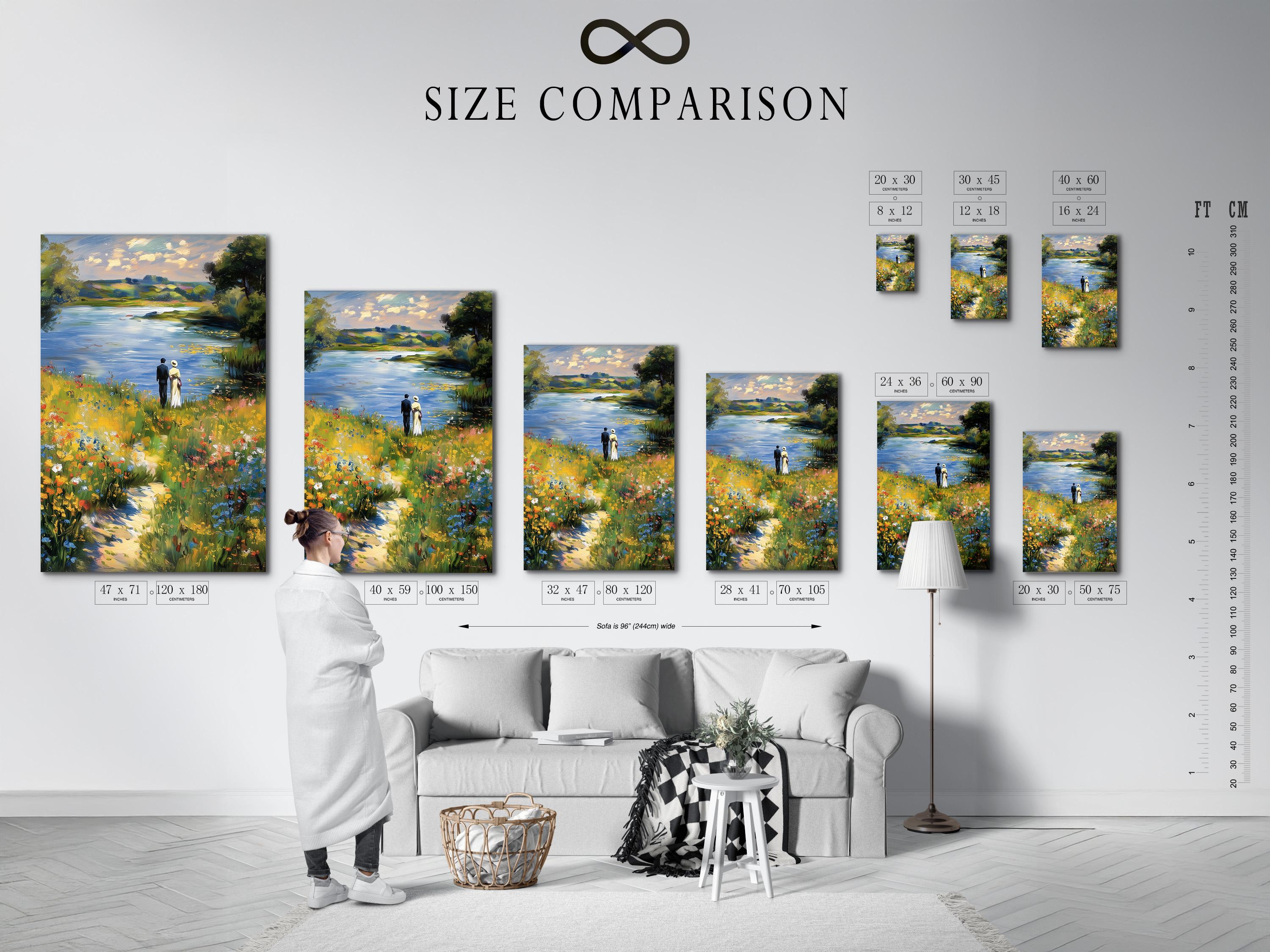 Impressionist lakeside meadow painting with two people standing near the shore and wildflowers detail view