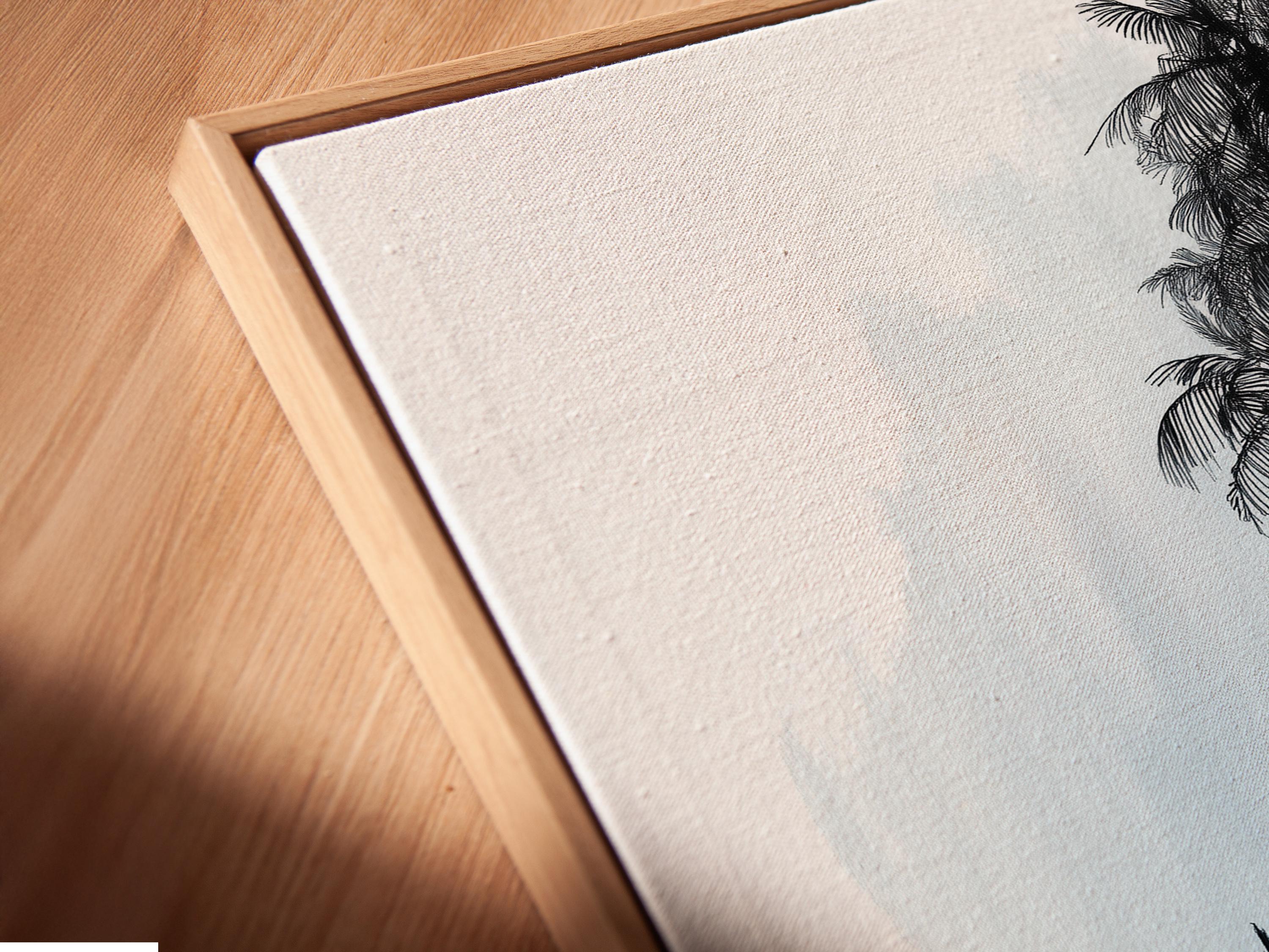 Minimalist seascape with a sailboat on blue water, a palm tree silhouette and a glowing yellow sun detail view