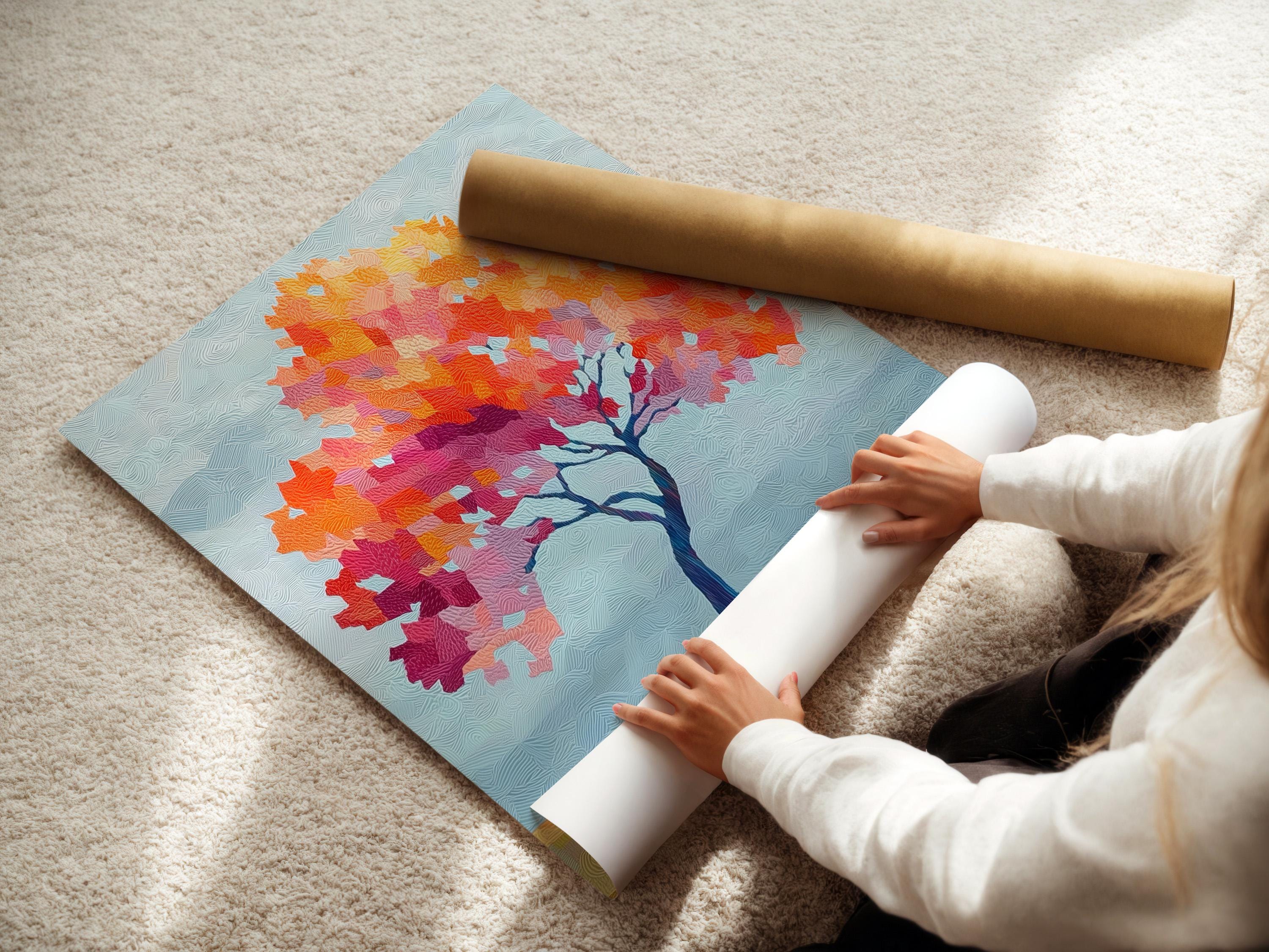 Stylised autumn tree artwork with orange, yellow and pink foliage on a textured blue background detail view