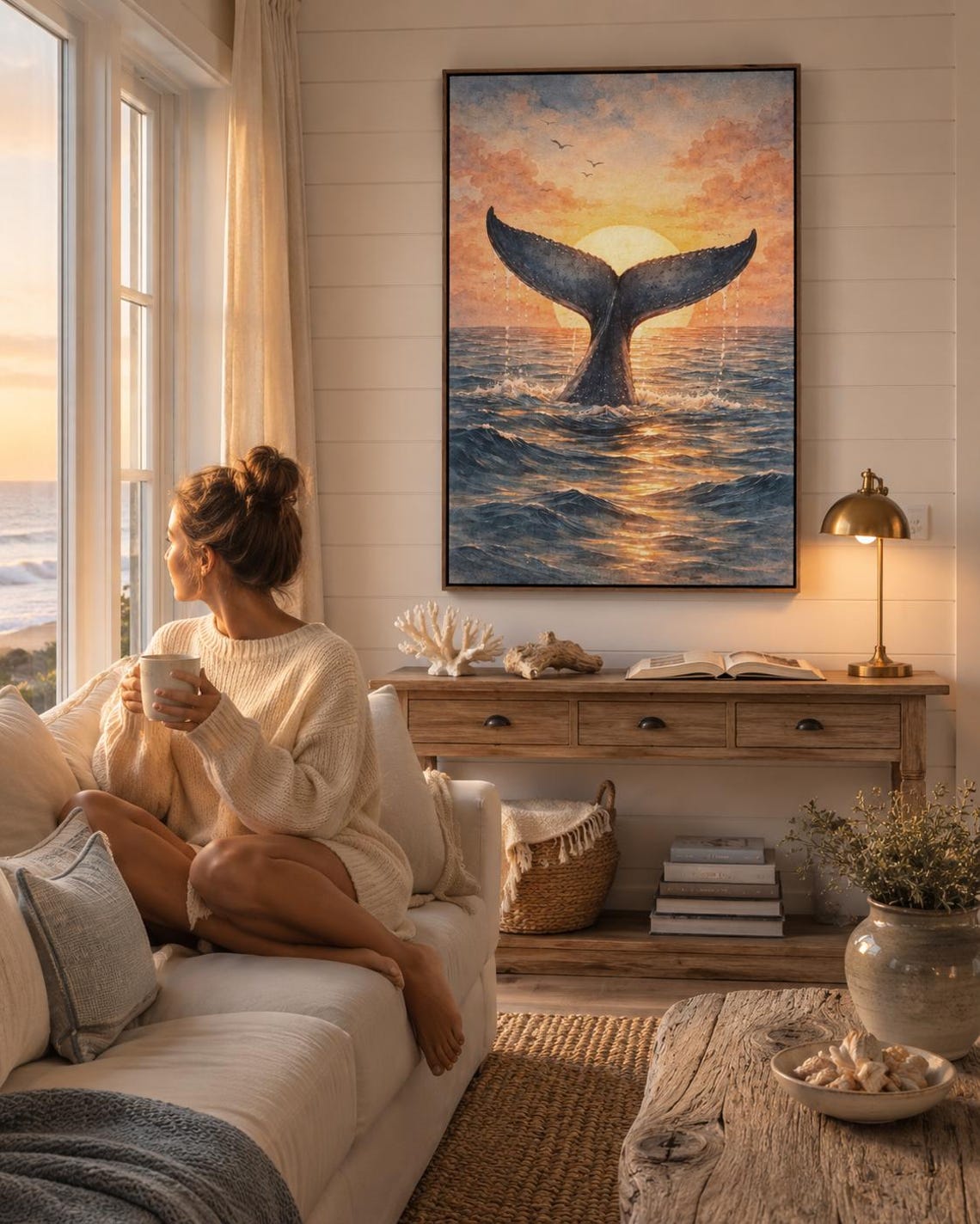 Whale tail sunset artwork hanging in a coastal cafe setting with signs and shelves
