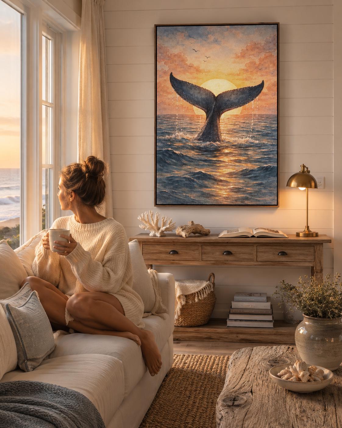 Whale tail sunset artwork hanging in a coastal cafe setting with signs and shelves