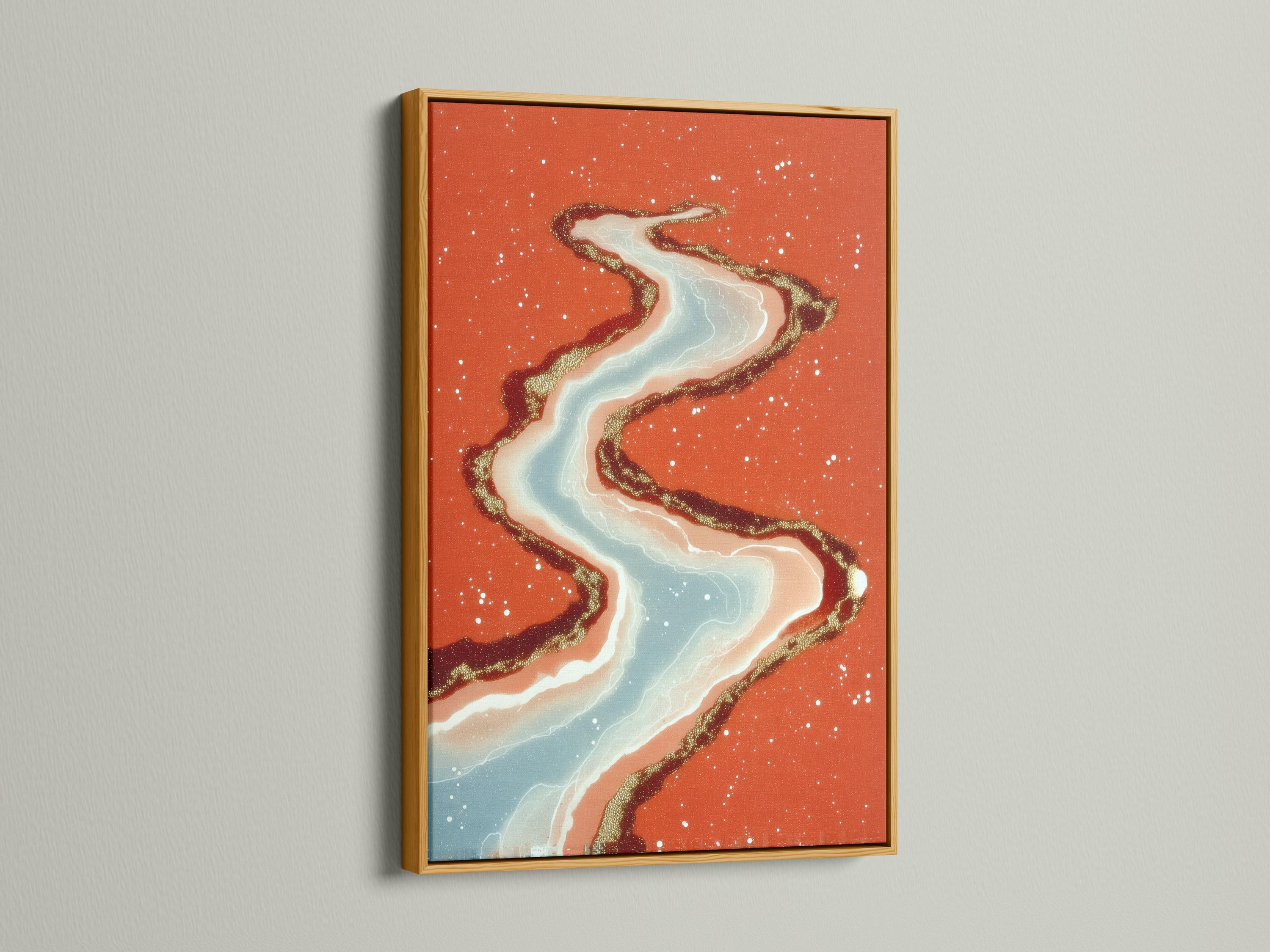 Abstract river ribbon in pale blue and cream with gold speckles over a terracotta background detail view