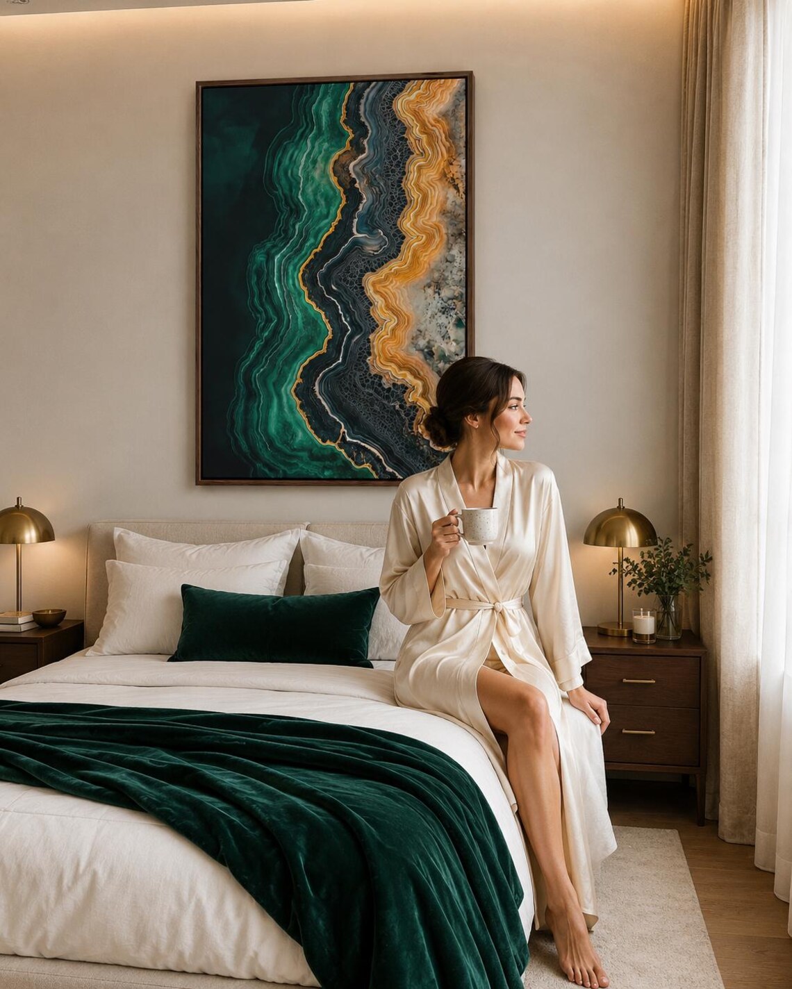 Office room mockup featuring a teal and gold abstract agate-style artwork on a wall