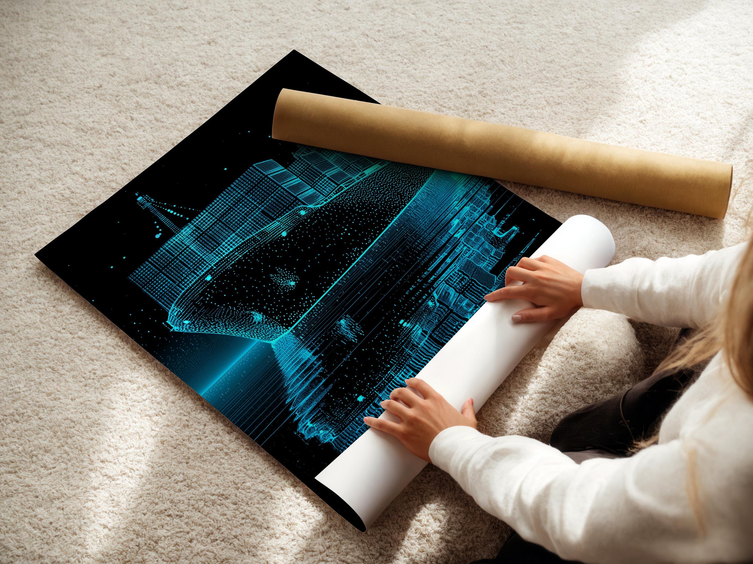 Cyan blueprint cargo ship on a dark background with dotted lines and water reflection detail view