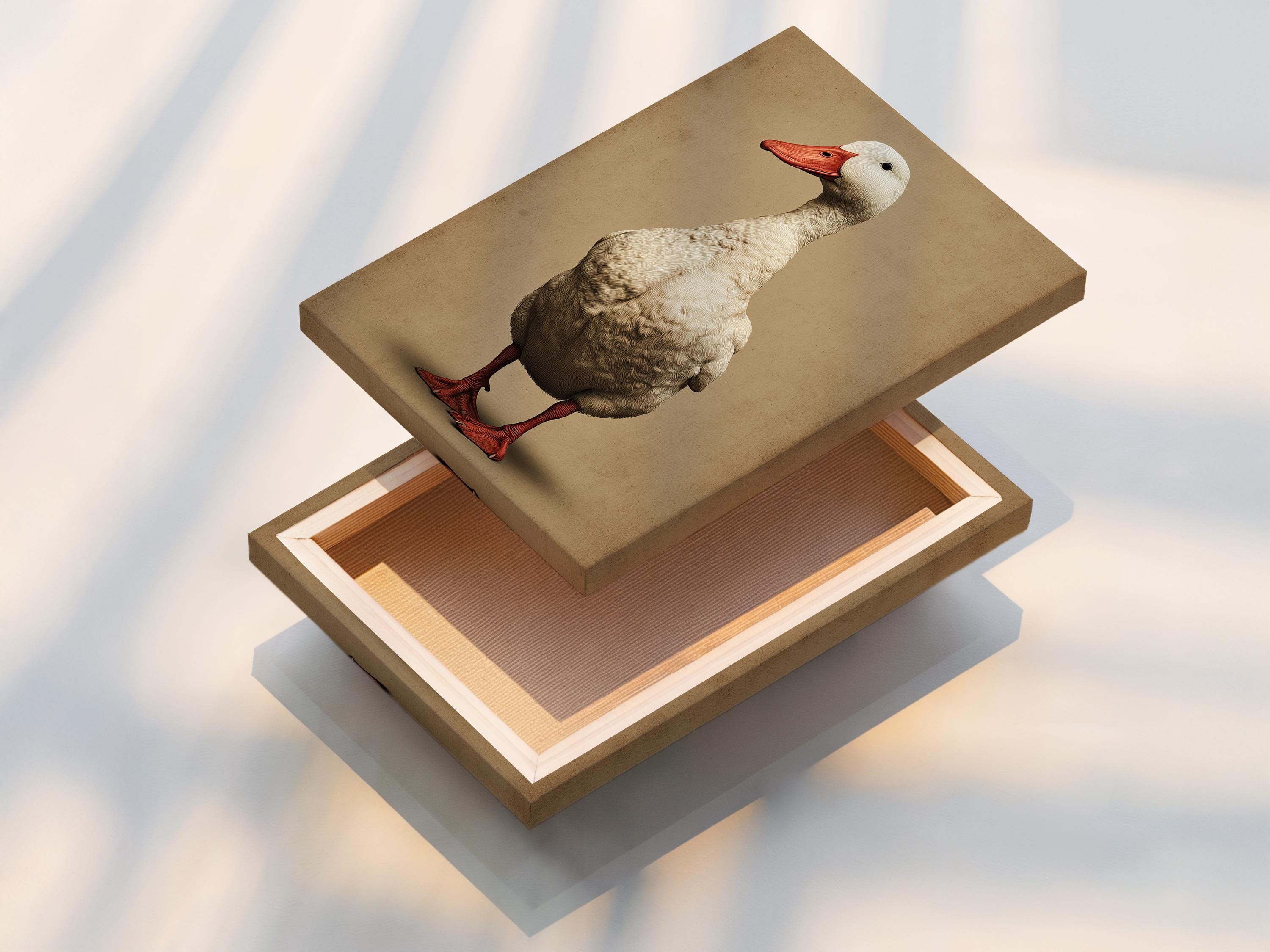 A vintage-style goose portrait with a red beak and detailed feather shading stands in front of a warm beige background detail view