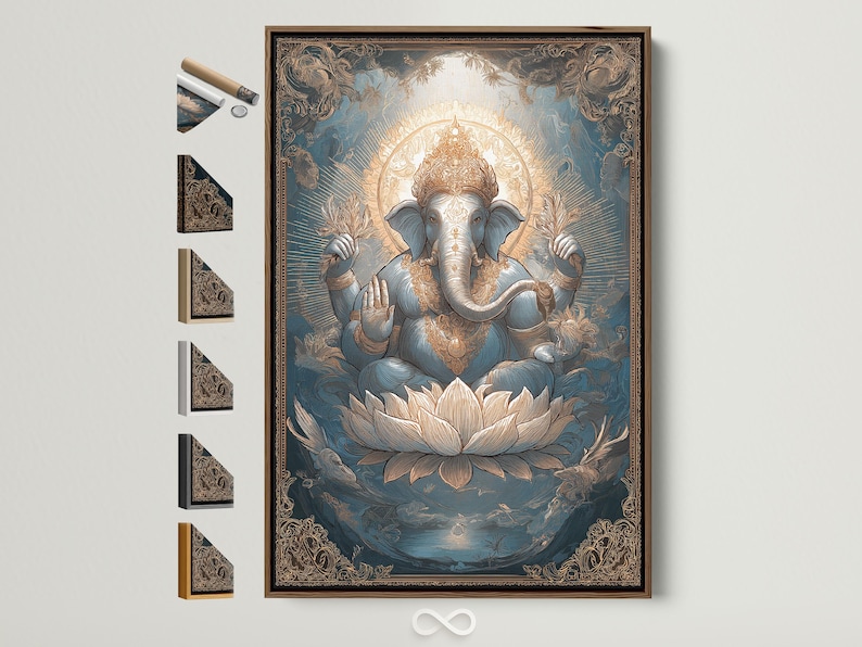 Ornate teal and gold illustration of an elephant-headed deity seated on a lotus