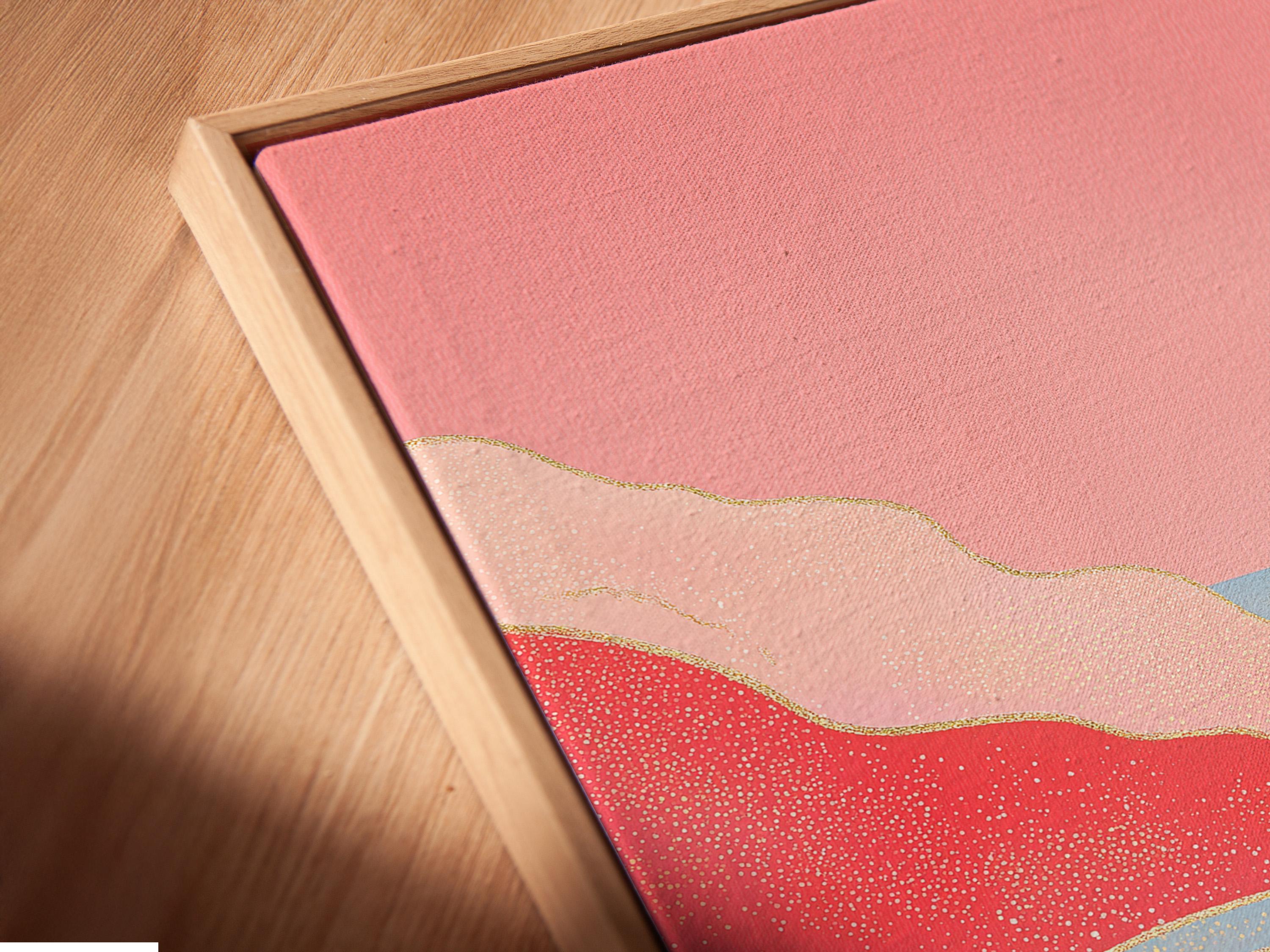Pink and blue abstract landscape with a winding river and pale yellow contour lines detail view
