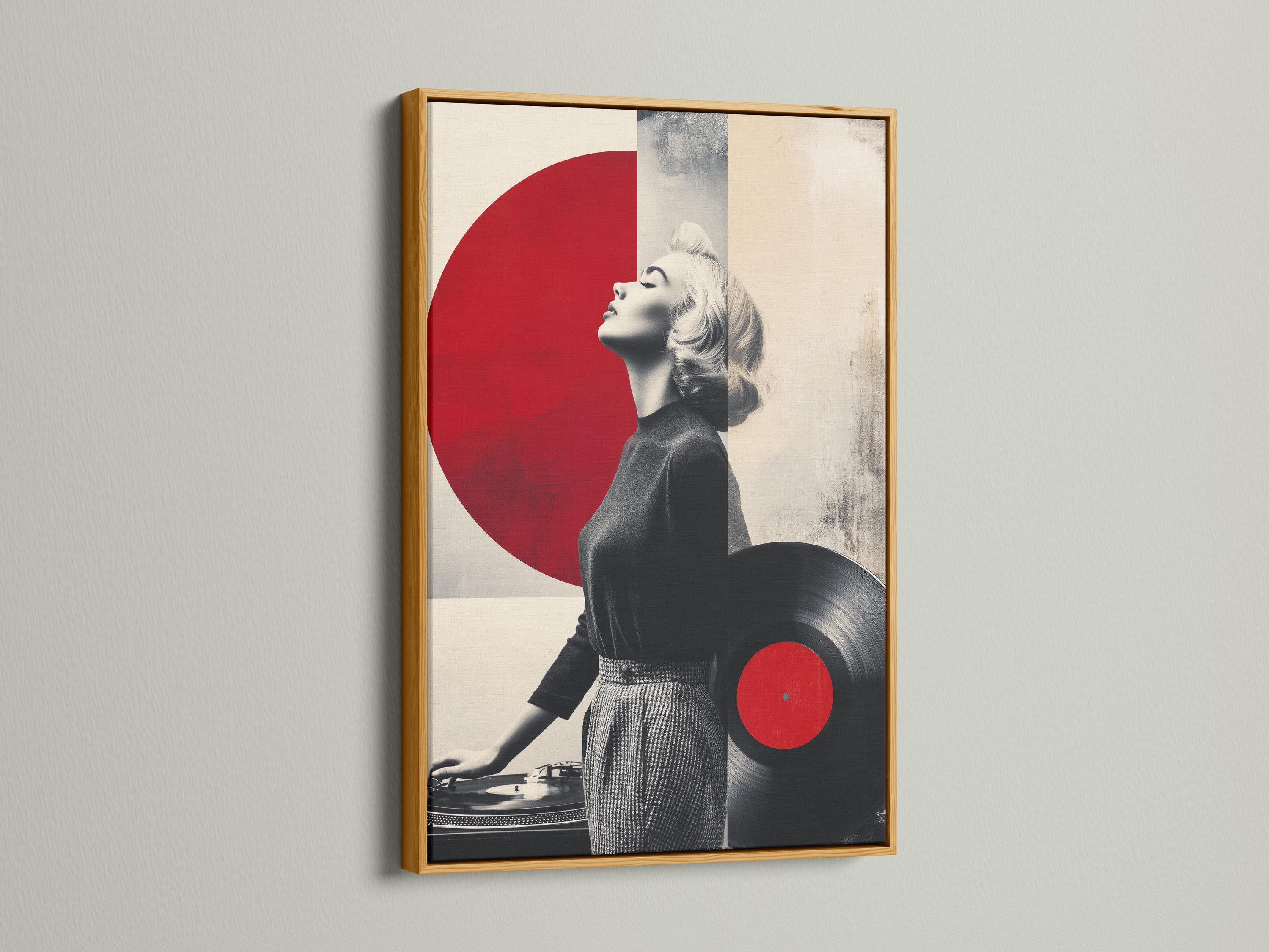 Monochrome portrait of a blonde woman with large red vinyl circle accents and a turntable detail view