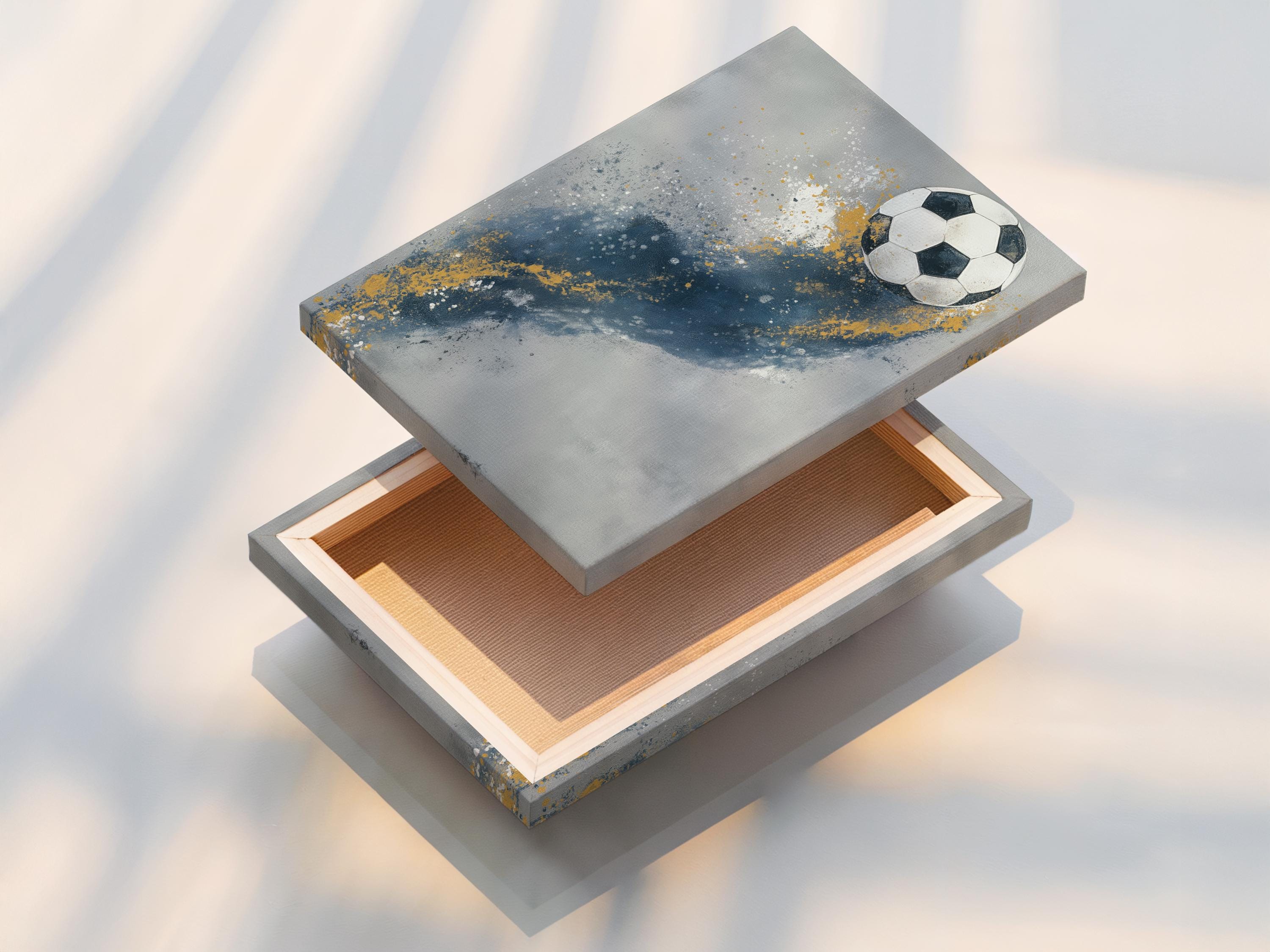 A stylised soccer ball sits on a textured, grey-blue background with scattered white speckles and warm gold paint-like splashes detail view