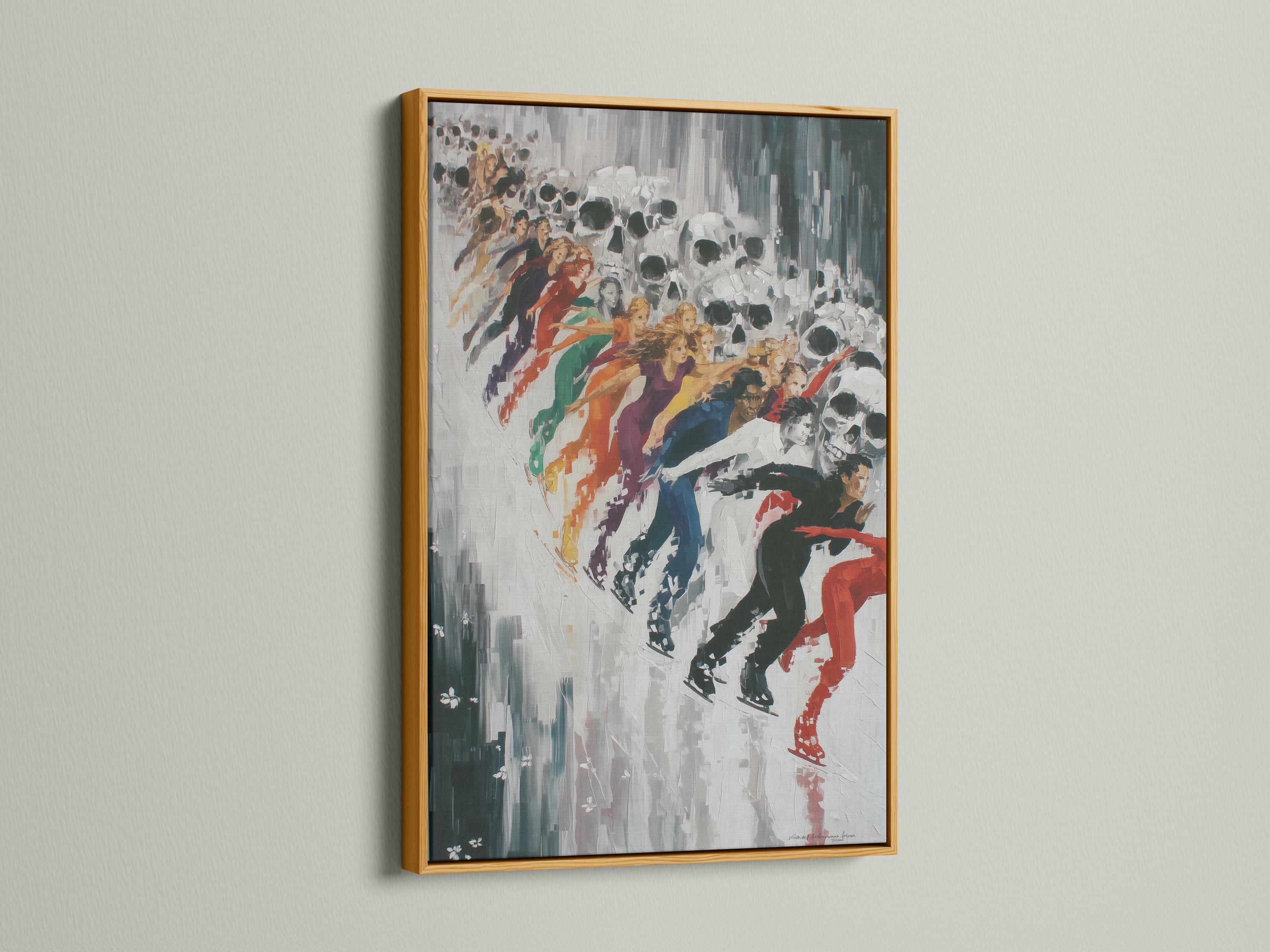 Skull skaters artwork displayed in a framed wall mockup with open background elements