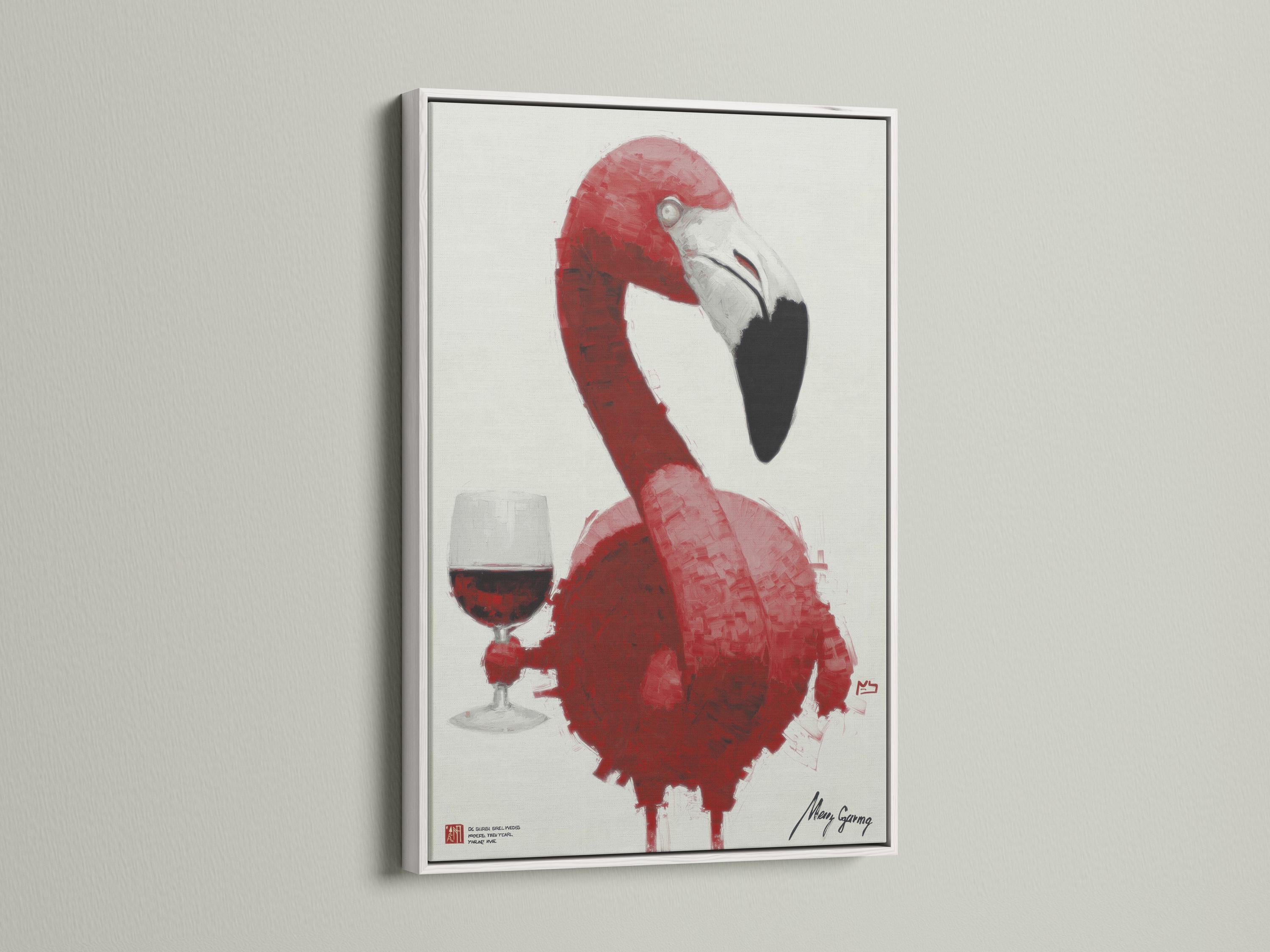 Framed artwork mockup of a pink flamingo with a wine glass