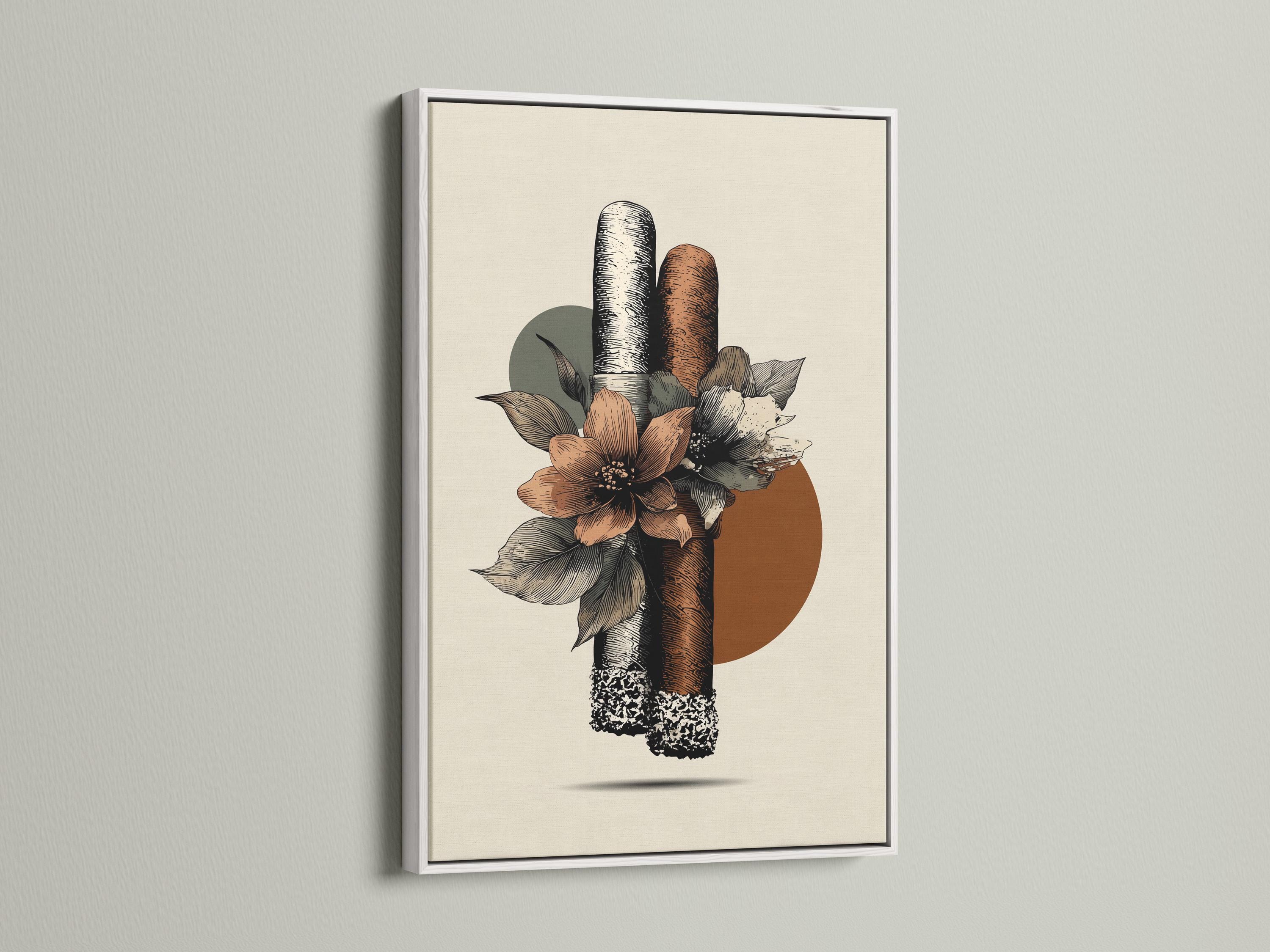 Botanical illustration of a textured cigar surrounded by terracotta flowers and dark leaves on an off-white background detail view