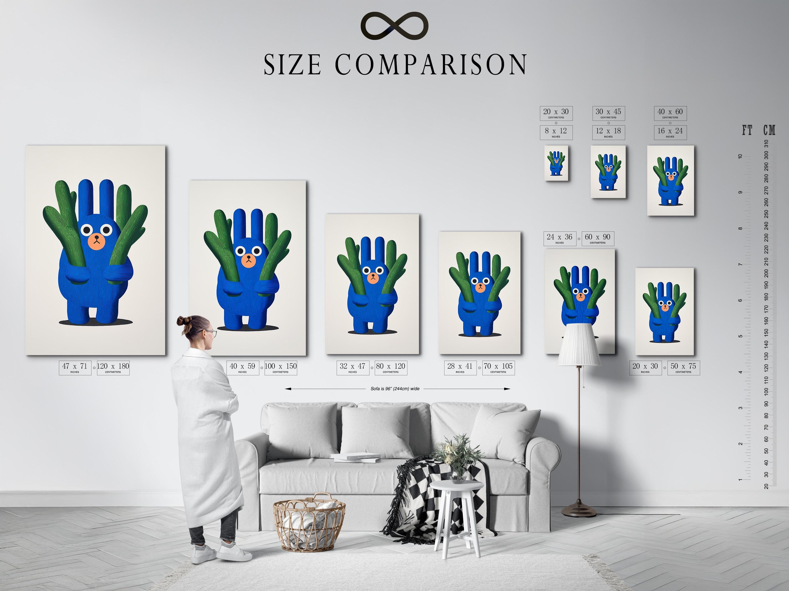 Blue cartoon bear holding green cactus arms on an off-white background detail view