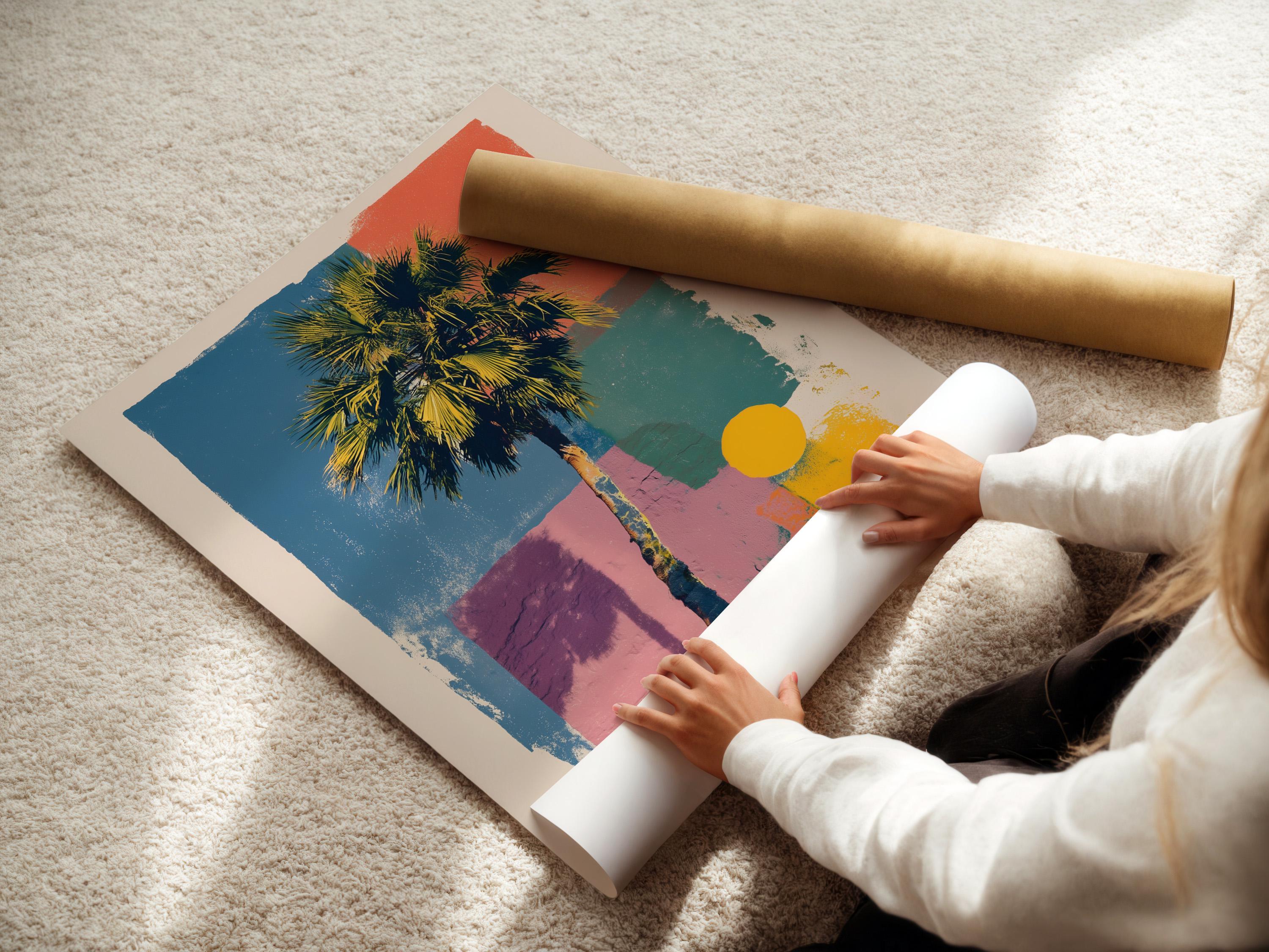 Room mockup showing palm tree pop-art wall artwork with a frame