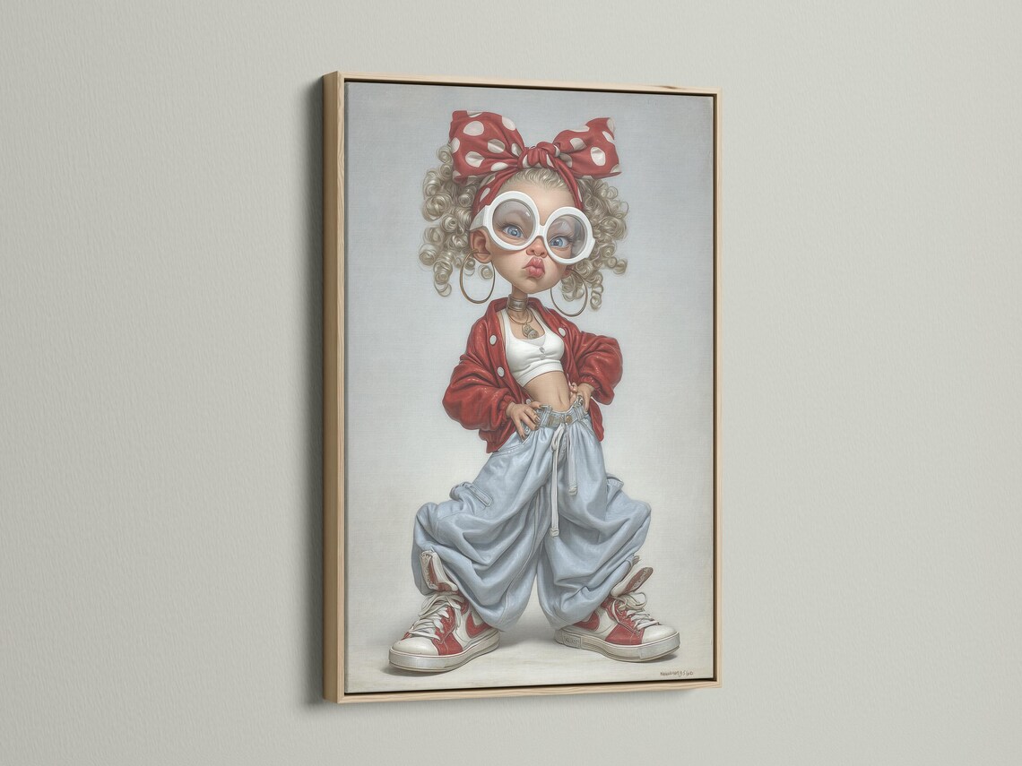 Pop art portrait of a curly-haired girl with white glasses, red bow and red jacket over denim trousers detail view