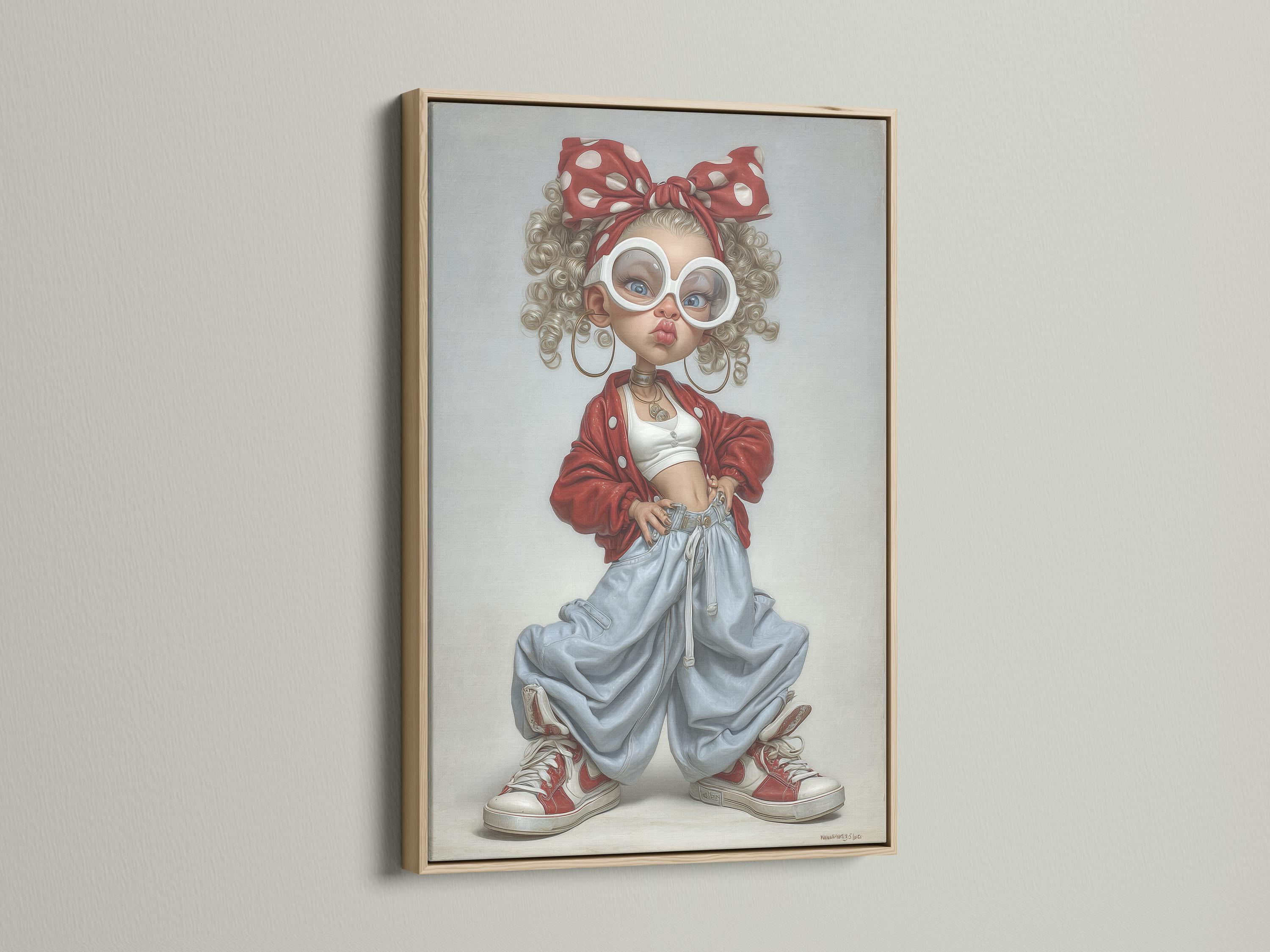 Pop art portrait of a curly-haired girl with white glasses, red bow and red jacket over denim trousers detail view