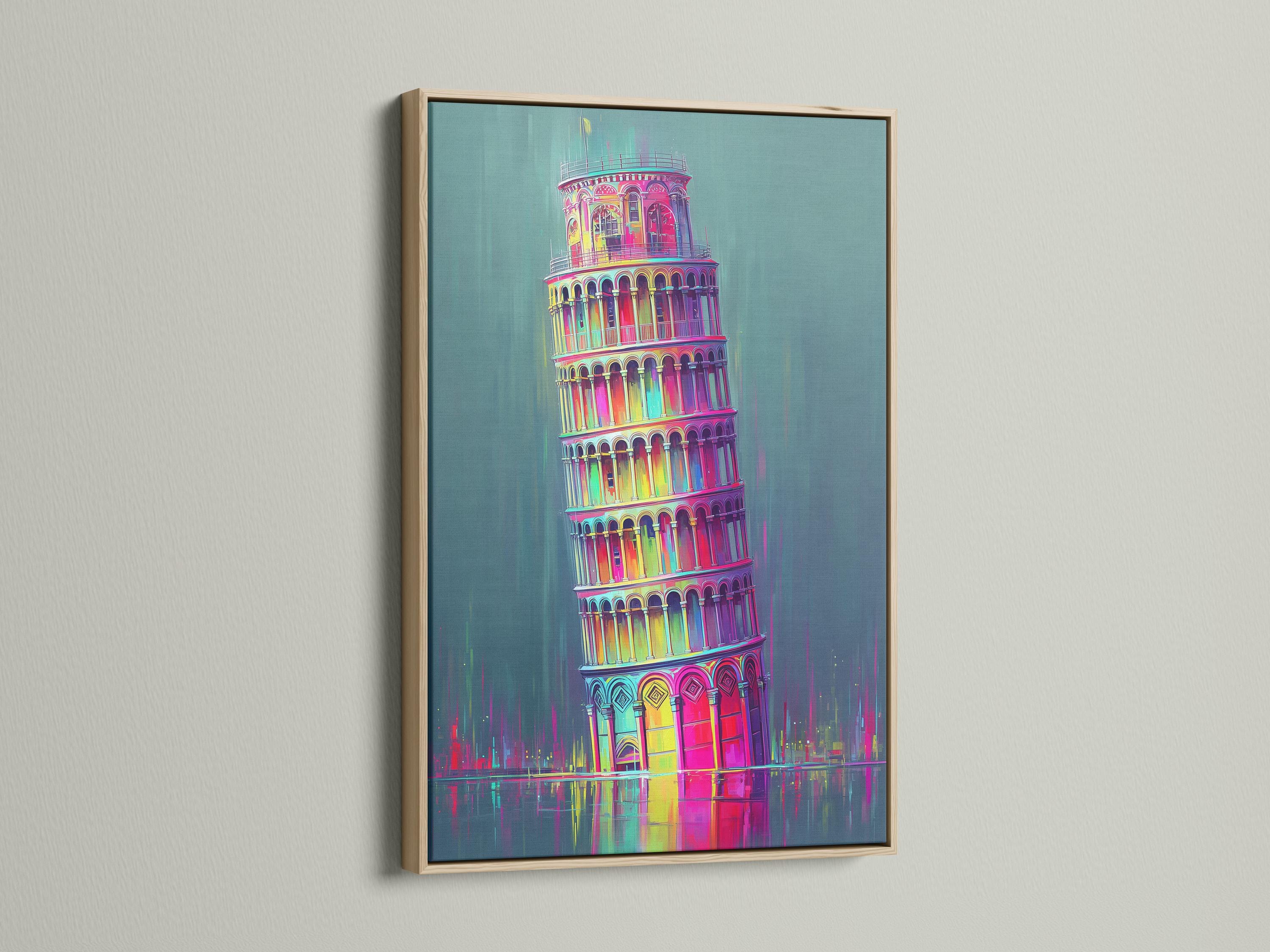 Mockup showing a framed neon rainbow Leaning Tower of Pisa illustration on a wall