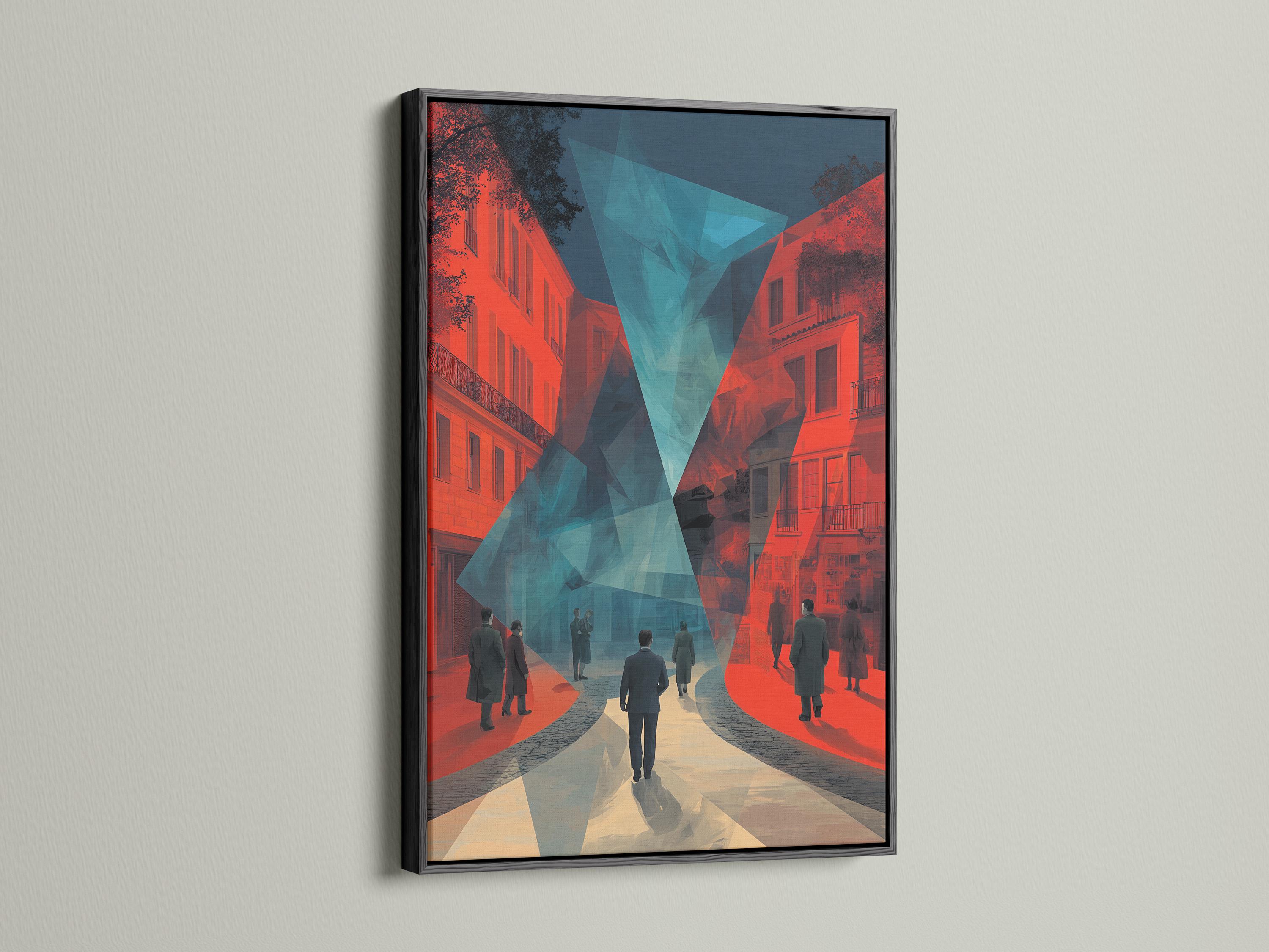 Stylised city street artwork with coral buildings, teal geometric centre and dark blue shadows detail view