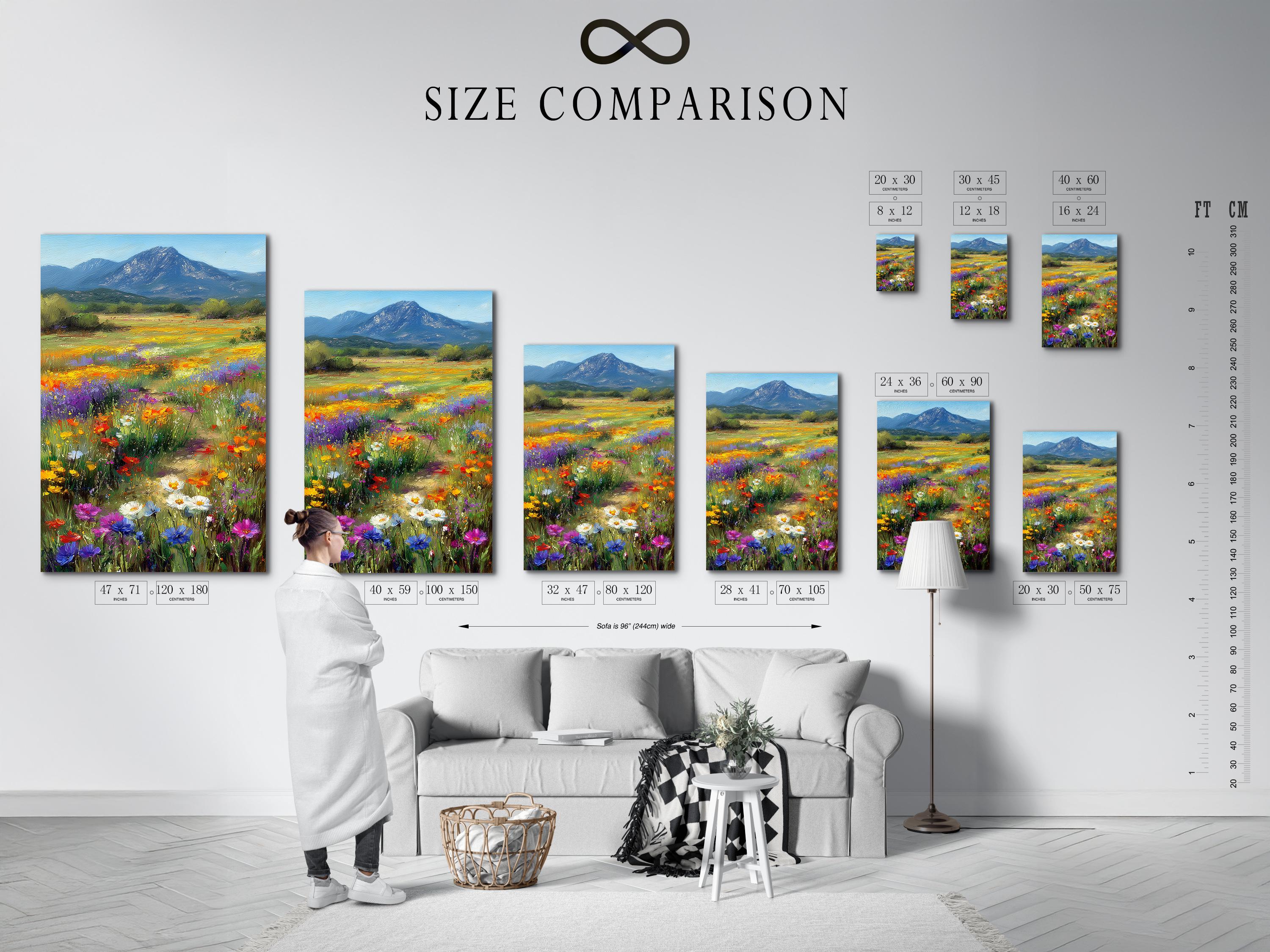 Wildflower meadow landscape with colourful flowers and a blue mountain detail view