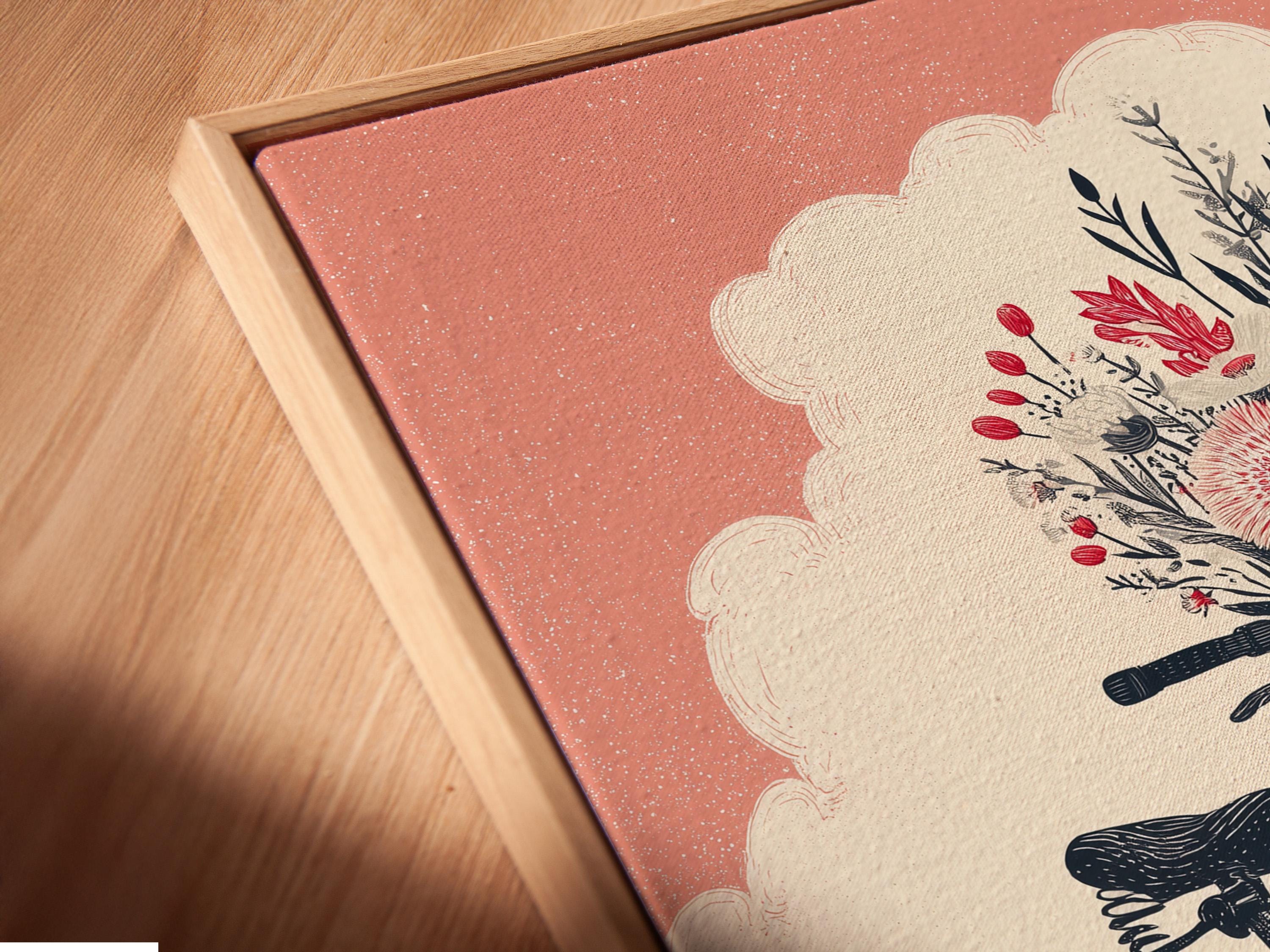 A red bicycle is decorated with a large bouquet of flowers and leaves, set against a dusty pink sky and pale landscape shapes detail view