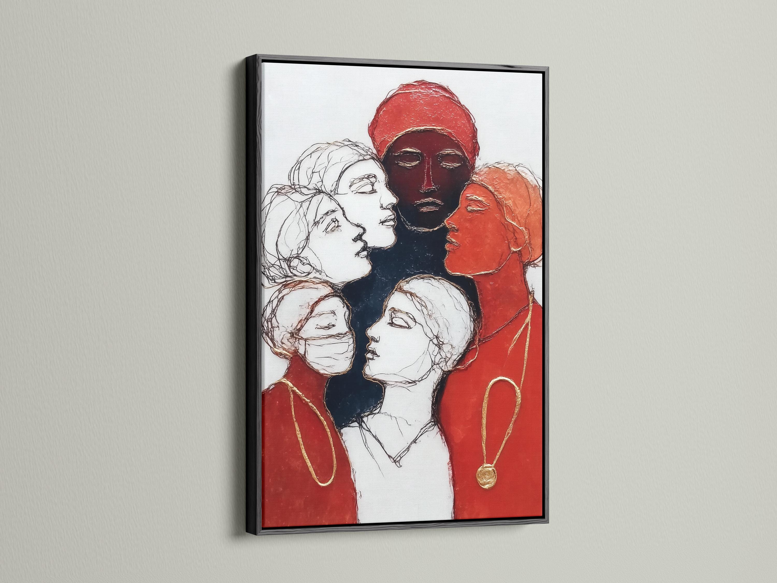 Red and gold women portrait illustration with overlapping faces and headscarves detail view