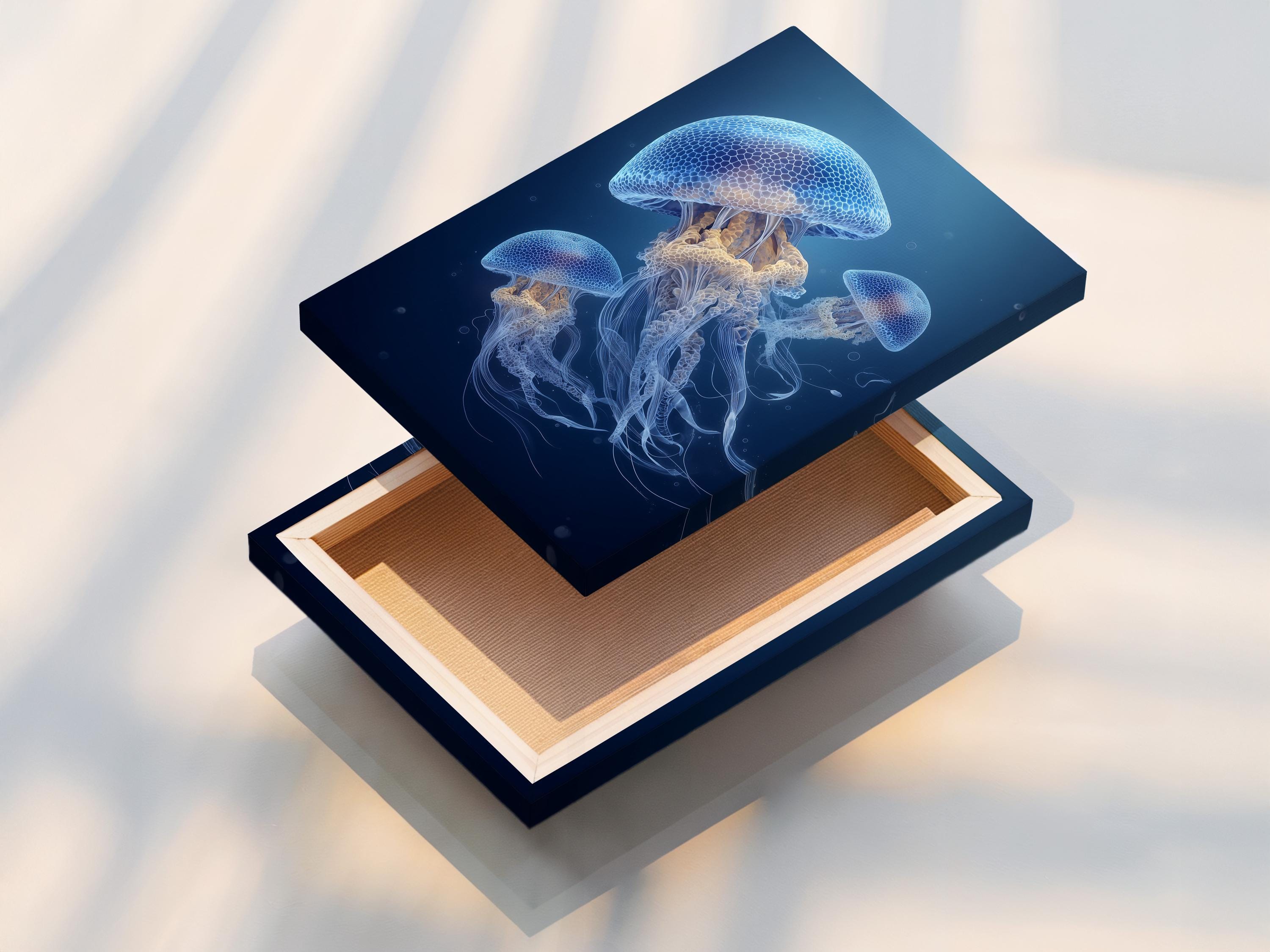 Framed jellyfish underwater artwork on a wall mockup