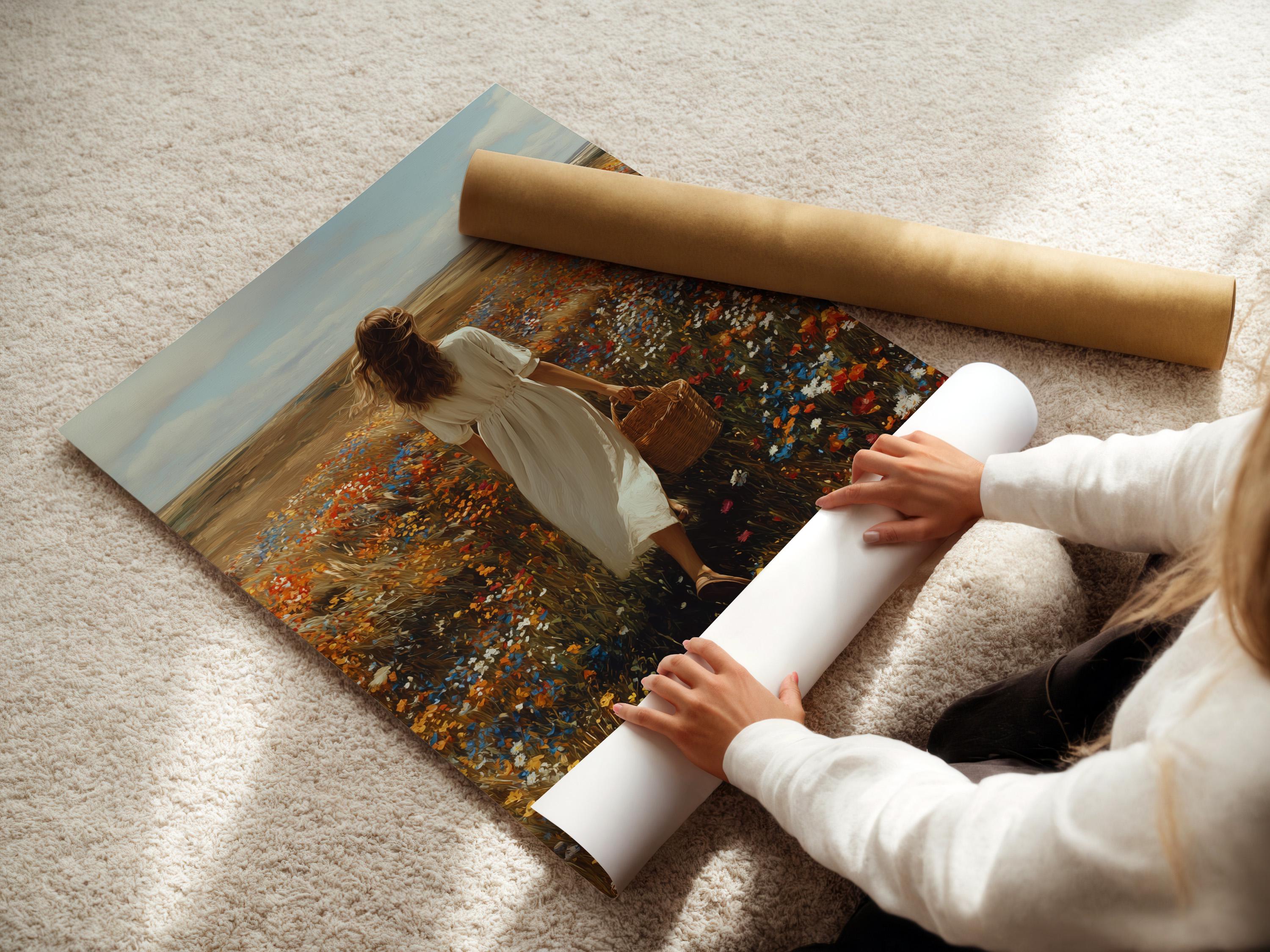 Mockup showing framed wildflower meadow artwork with a woman walking in a field of flowers