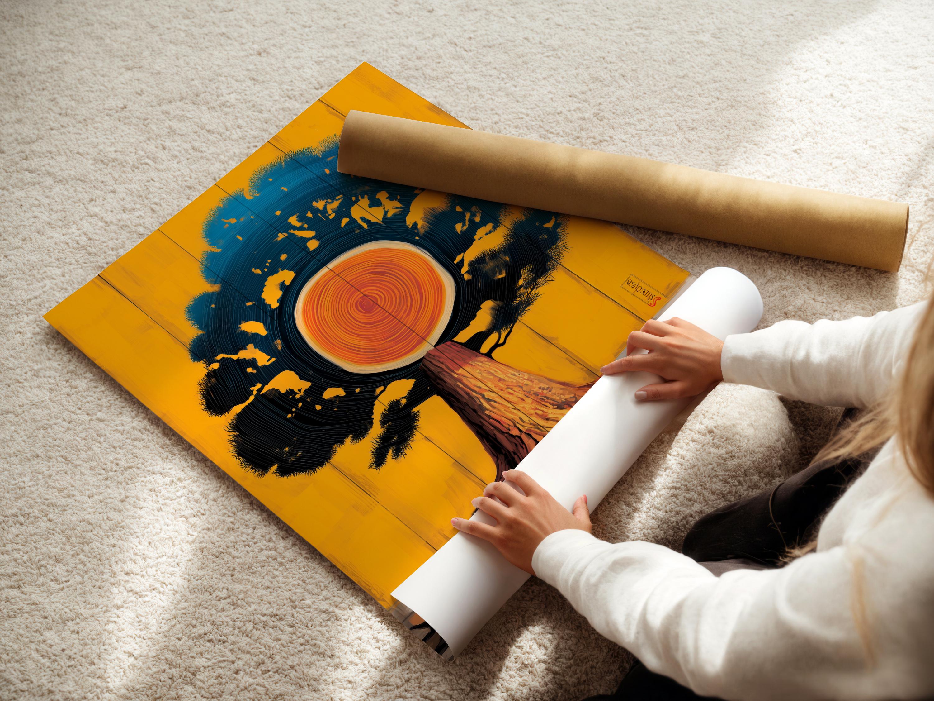 Stylised tree trunk and concentric tree rings with teal wave-like canopy on a gold background detail view