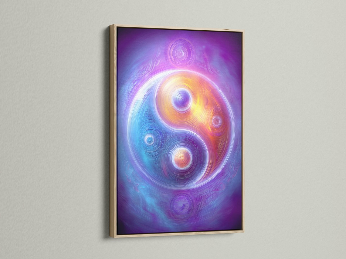 A cosmic purple artwork shows swirling concentric circles and two yin-yang style orbs with rainbow-like colour bands detail view