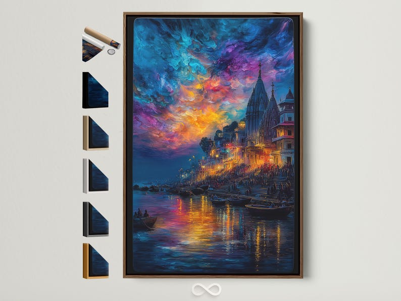 Painterly city riverscape at sunset with spired buildings, boats on reflective water and colourful clouds