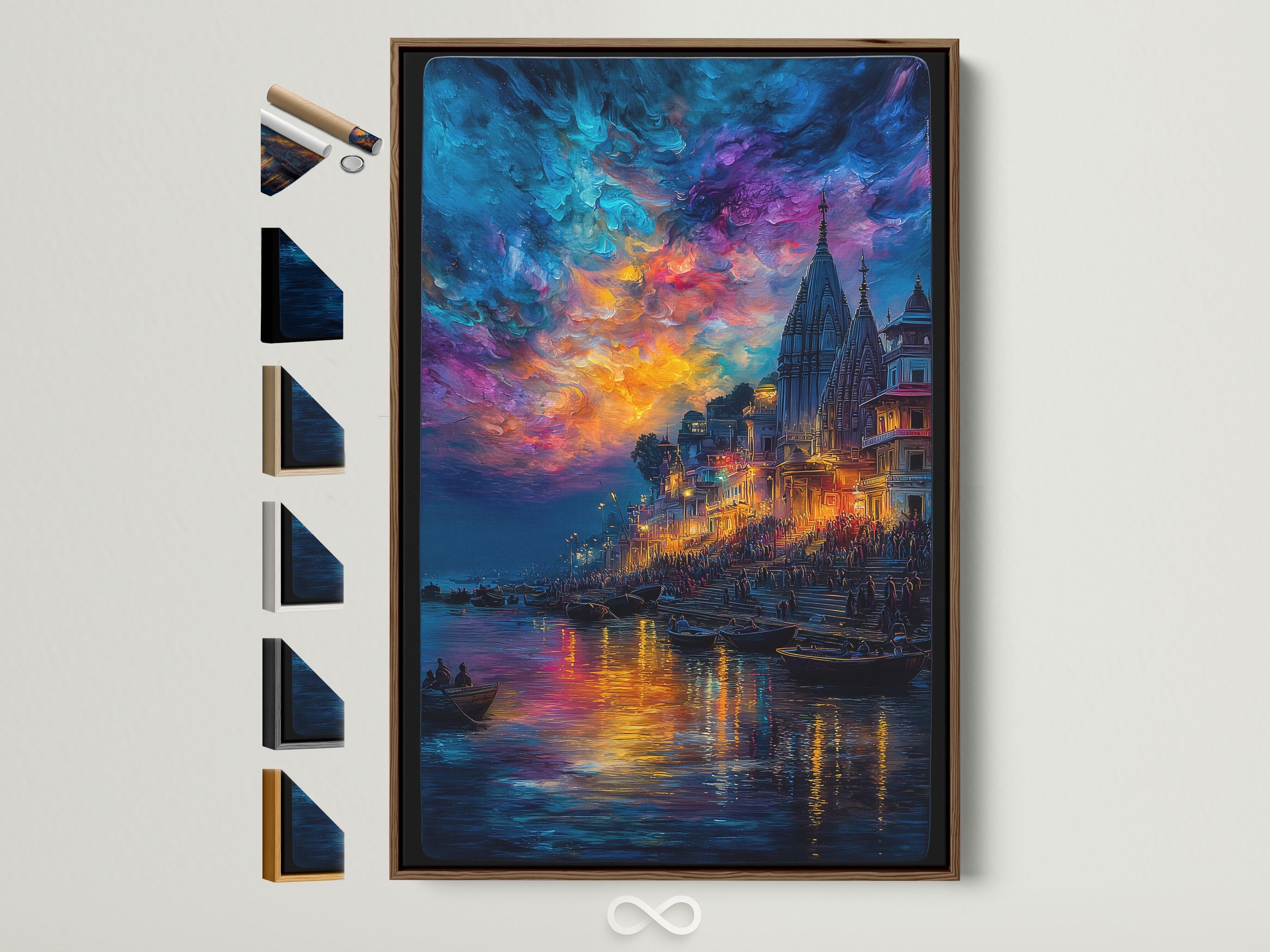 Painterly city riverscape at sunset with spired buildings, boats on reflective water and colourful clouds