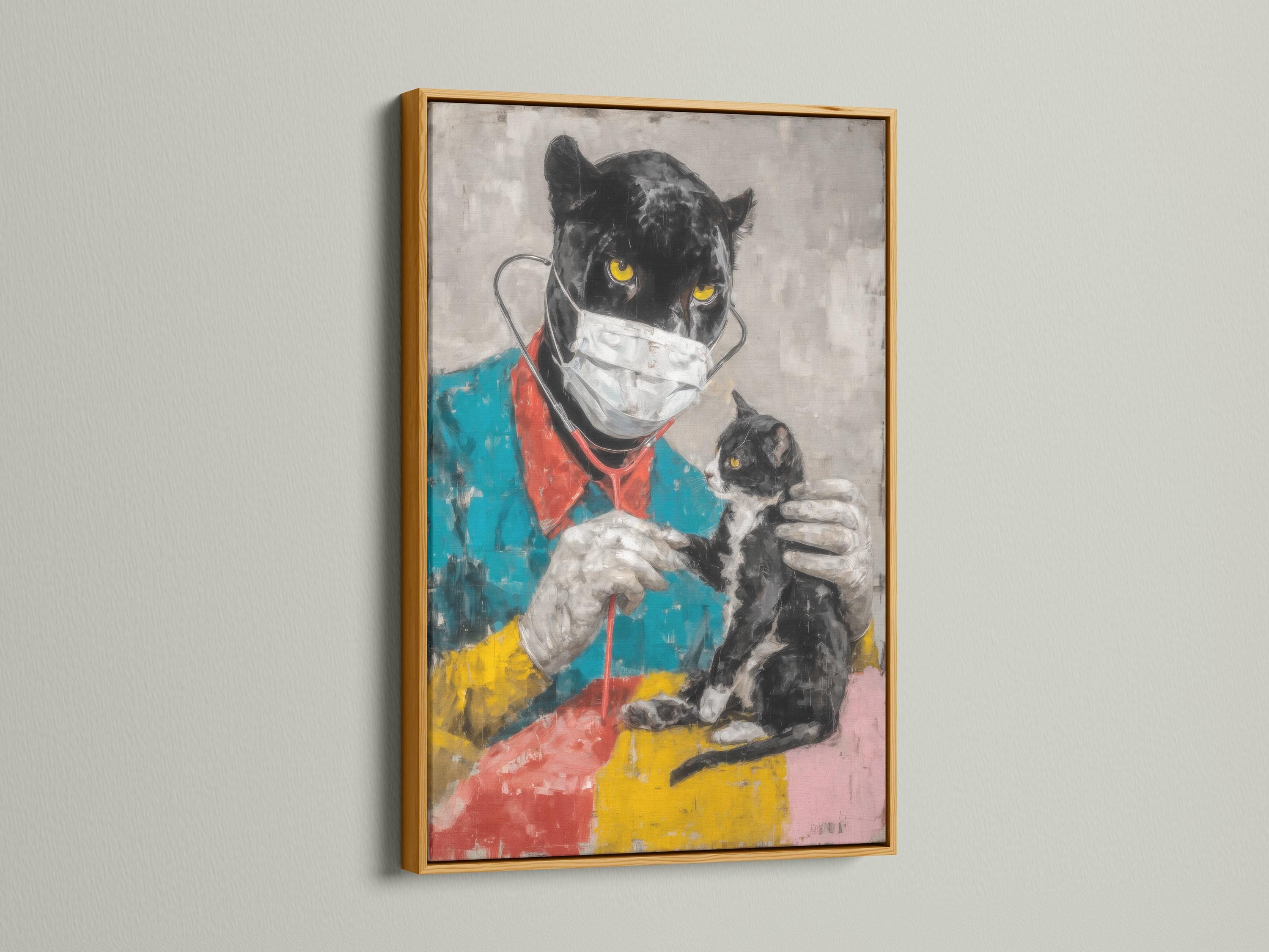 Painterly black cat doctor with a white mask and bright yellow eyes, with a smaller masked kitten beside it detail view