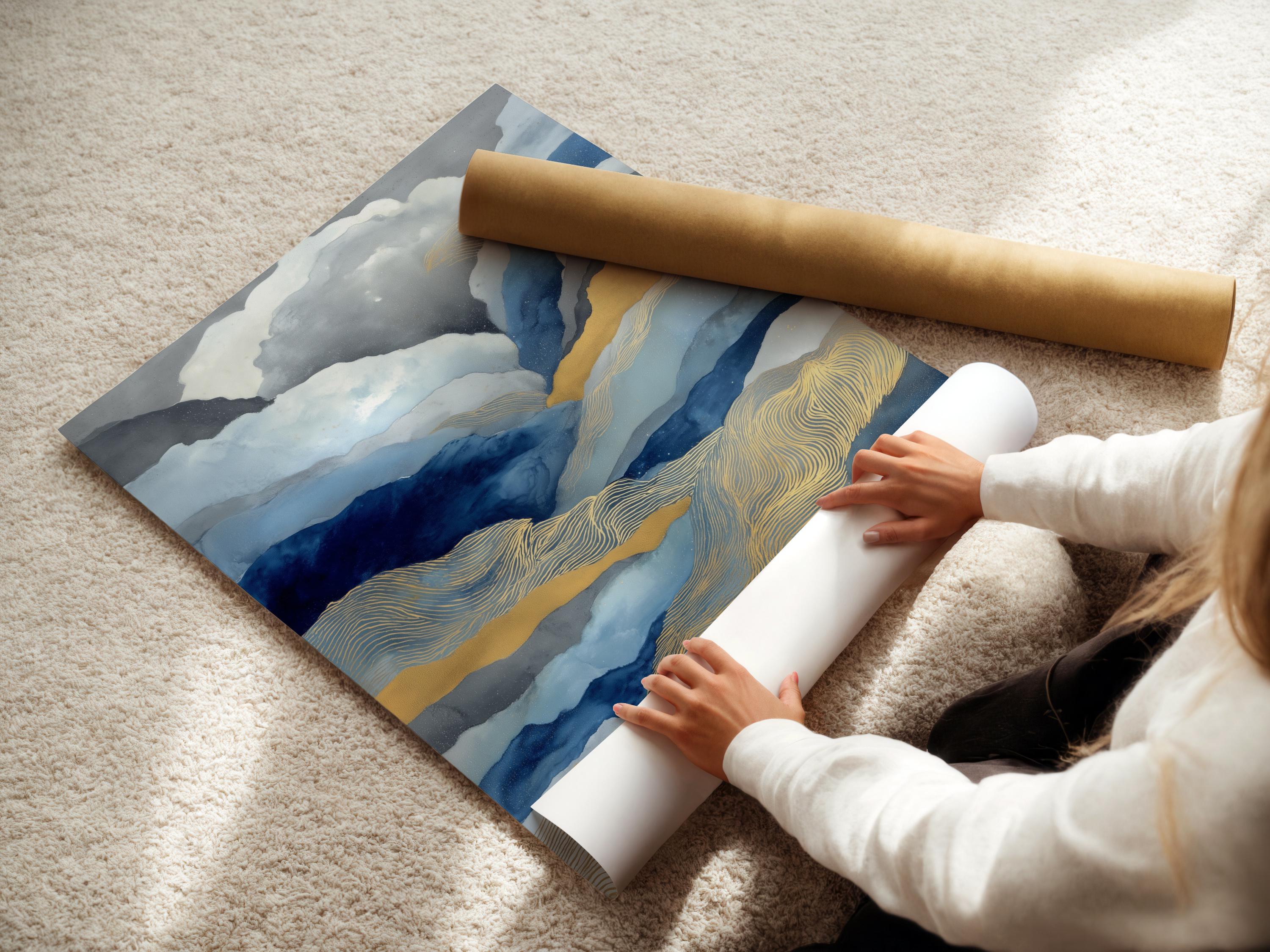 Abstract landscape with layered blue mountains, flowing contour lines, and warm gold highlights detail view