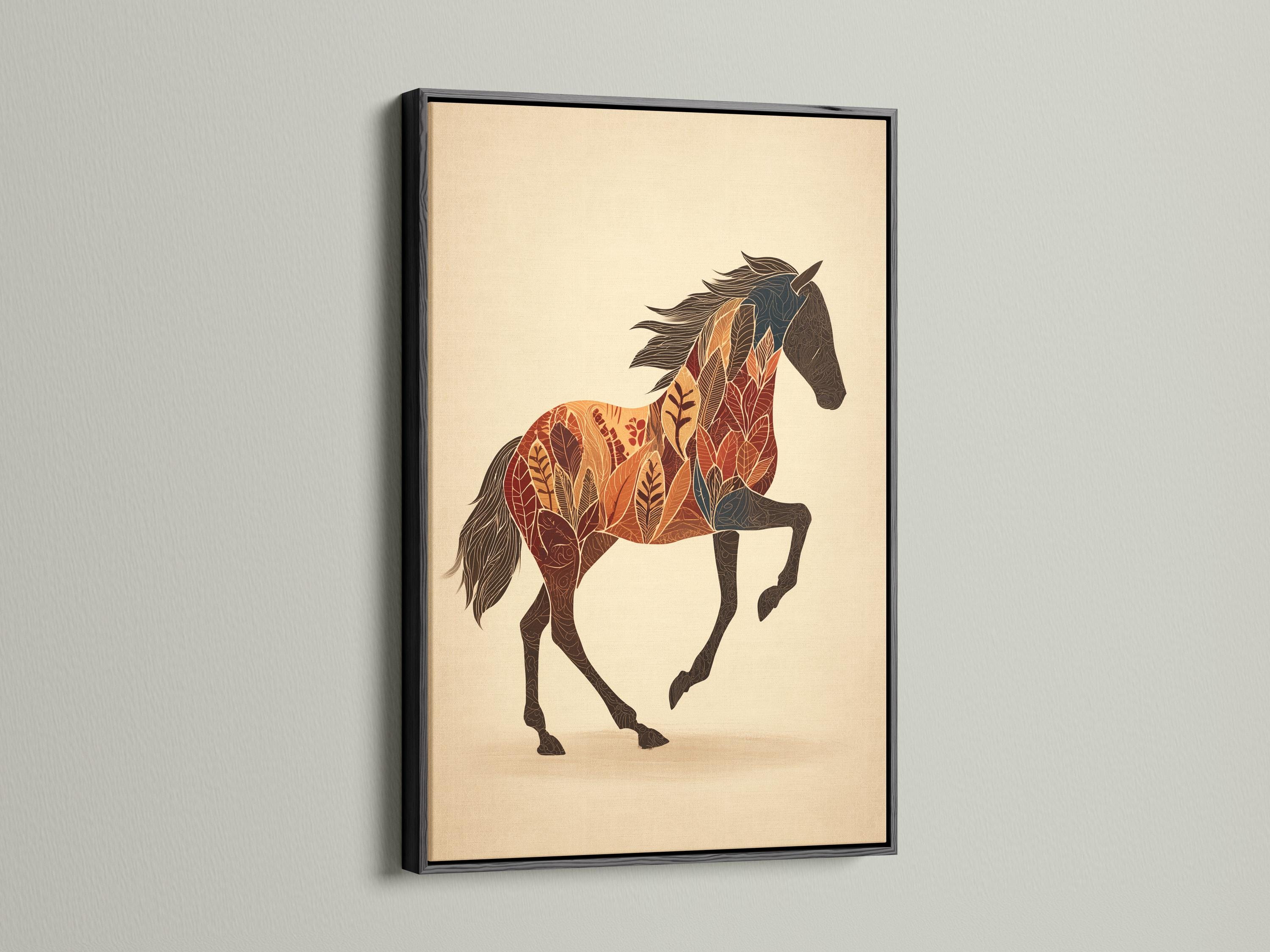 Mockup of a framed horse artwork with botanical leaf pattern on a pale beige background