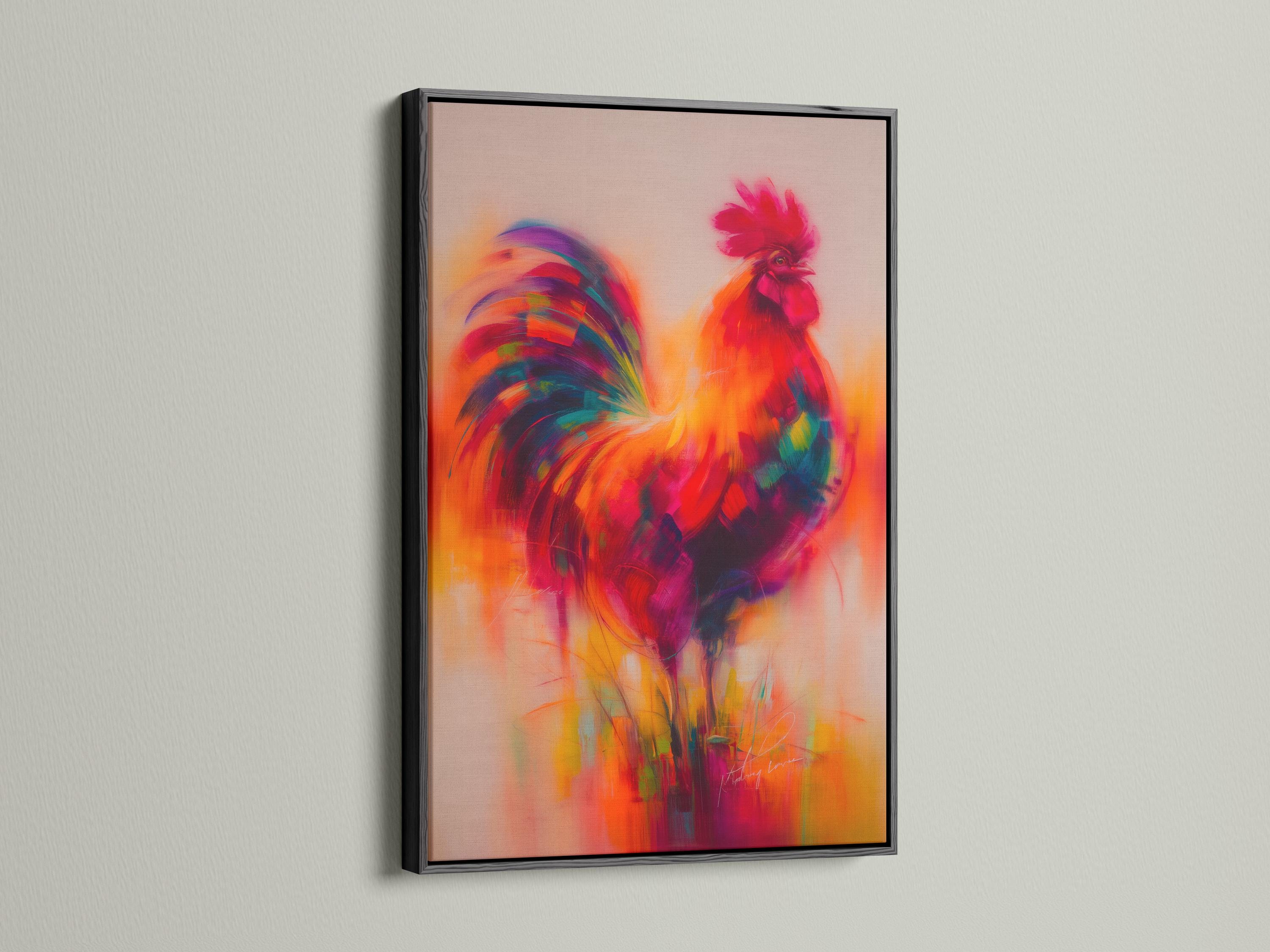 A framed rooster wall artwork in warm orange, pink, and purple colours on a white background
