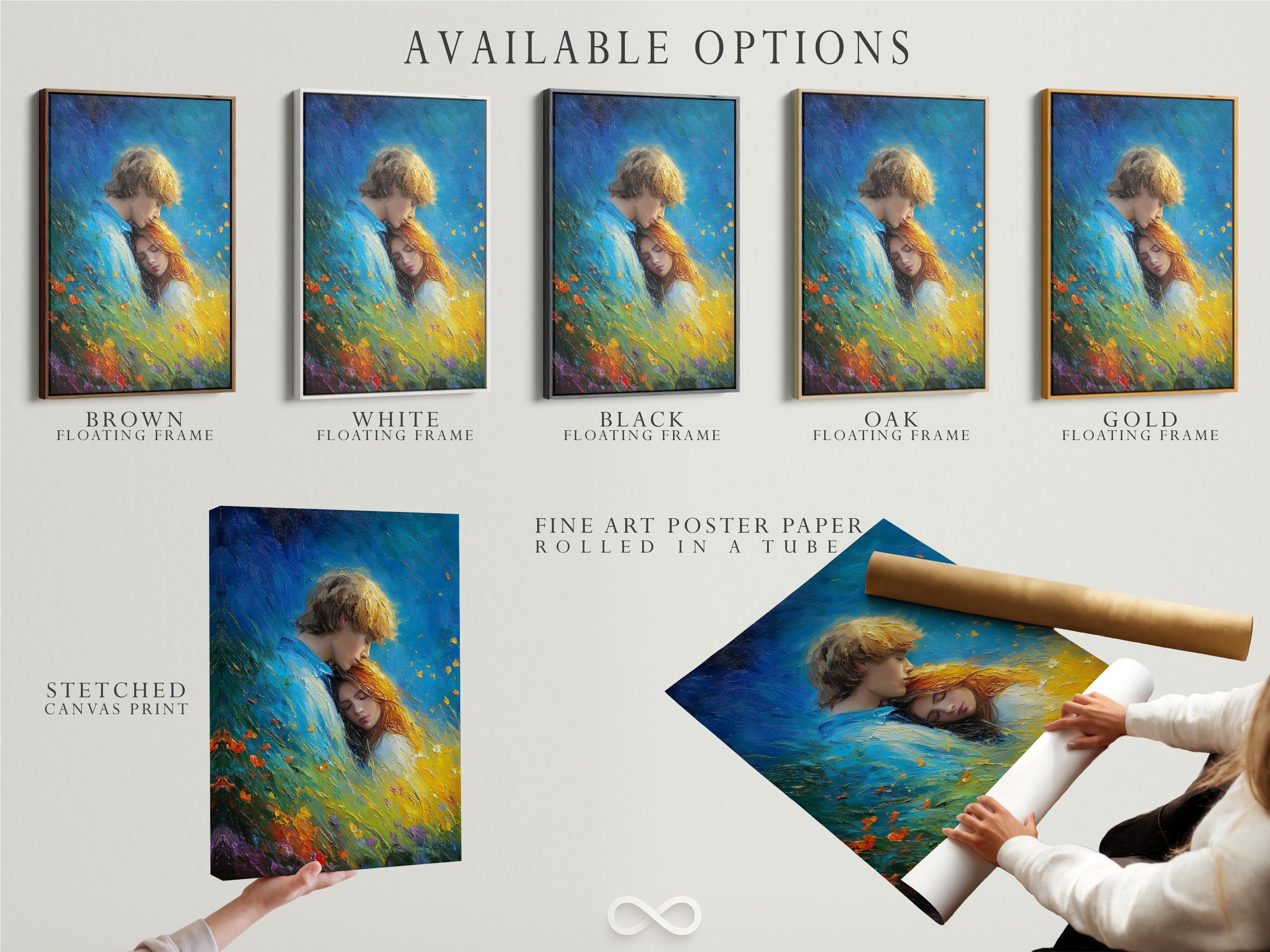 Painted romantic couple embracing in a blue field with warm yellow and gold highlights detail view