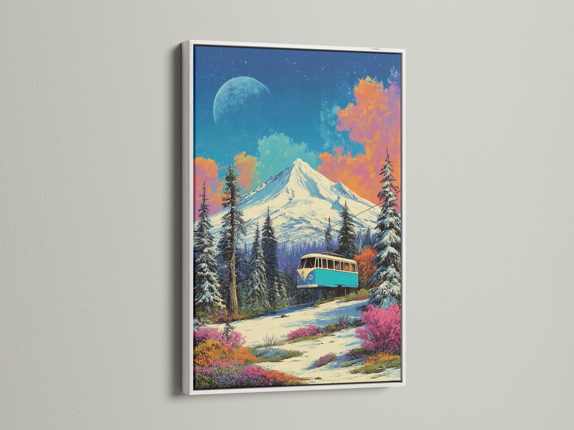 Turquoise bus on a snowy mountain road under a moonlit deep blue sky detail view