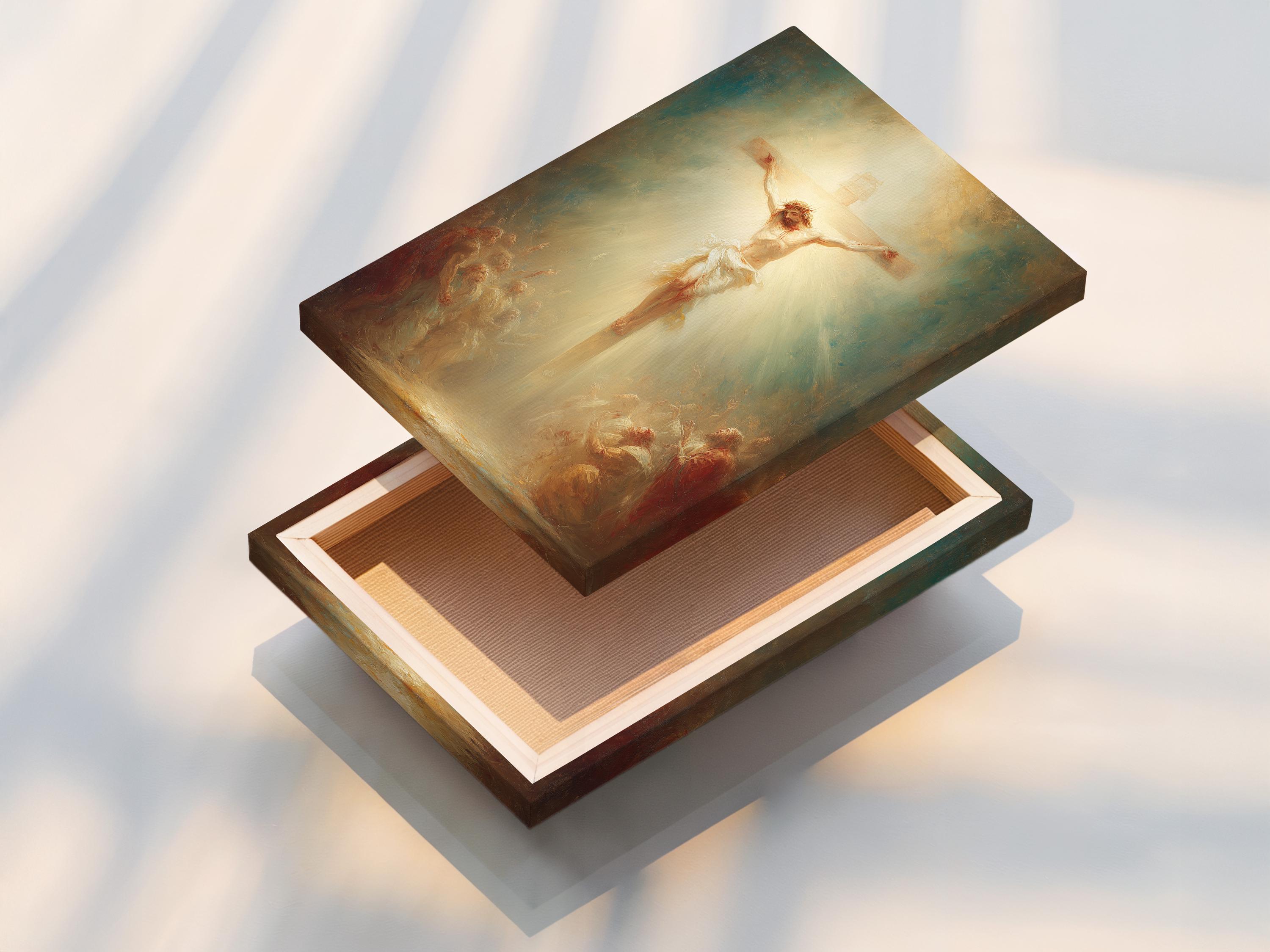 Crucifixion scene with a central figure on a cross and a glowing cream background detail view